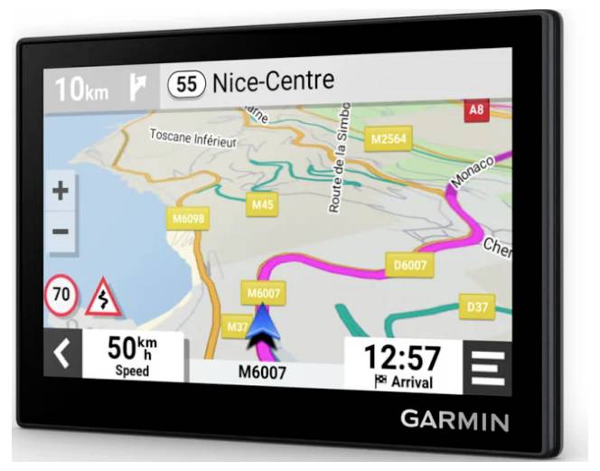 Garmin-GPS-Navigationsbildschirm, der eine Karte zum Zentrum von Nizza mit hervorgehobener Route M6007, Geschwindigkeitsbegrenzung 50 km/h und Ankunftszeit 12:57 anzeigt.