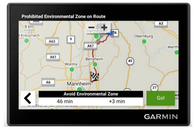 Garmin-Navigations-Karte mit einer „Verbotene Umweltzone auf der Route