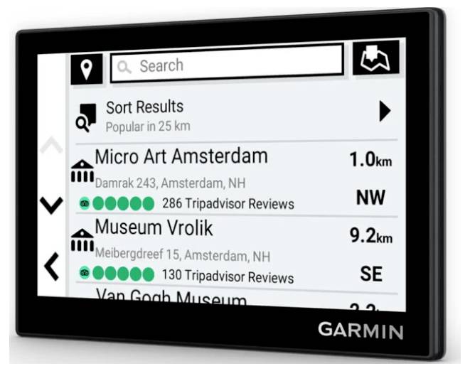 Garmin GPS Suchergebnisse listen nahegelegene Attraktionen in Amsterdam auf, einschließlich Micro Art Amsterdam 1,0 km NW und Museum Vrolik 9,2 km SO mit Bewertungszahlen.