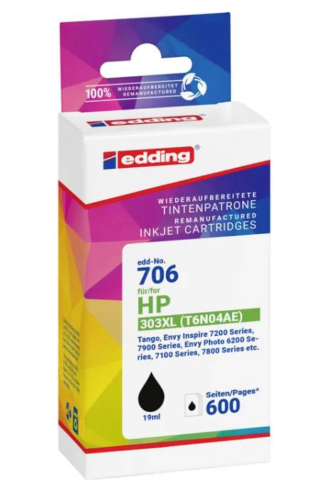 Edding nachgefertigte Tintenstrahlpatrone, Nr. 706, für HP 303XL (T6N04AE), schwarz, 19 ml, 600 Seiten