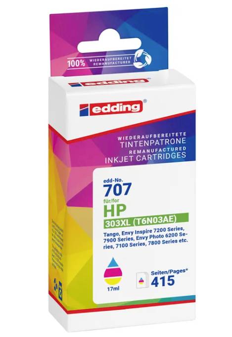 Edding wiederaufbereitete Tintenpatrone für HP 303XL (T6N03AE), schwarz und Farbe, mit Seitenertrag 415 und 17 ml Kapazität.