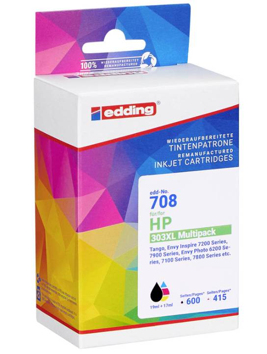 Verpackungsbox für eine erneuerte edding-Tintenstrahlpatrone mit der Bezeichnung „708