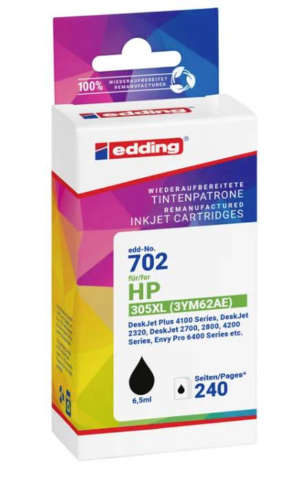 Edding nachgefüllte Tintenstrahlpatrone Schachteln, Modell 702 für HP 305XL, schwarze Tinte, 240 Seiten.