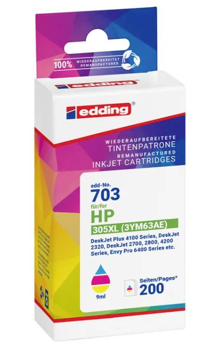 Edding nachgefertigte Tintenpatrone Box für HP 305XL, schwarze Patrone, mit 200 Seiten und 9 ml auf der Verpackung gedruckt.