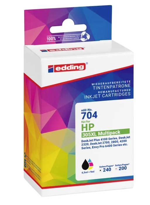 Packung mit wiederaufbereiteten Tintenstrahlpatronen von edding, edd-Nr. 704 für HP 305XL Multipack, mit schwarzer, cyan-, magenta- und gelber Tinte, Reichweiten von 240 und 200 Seiten.