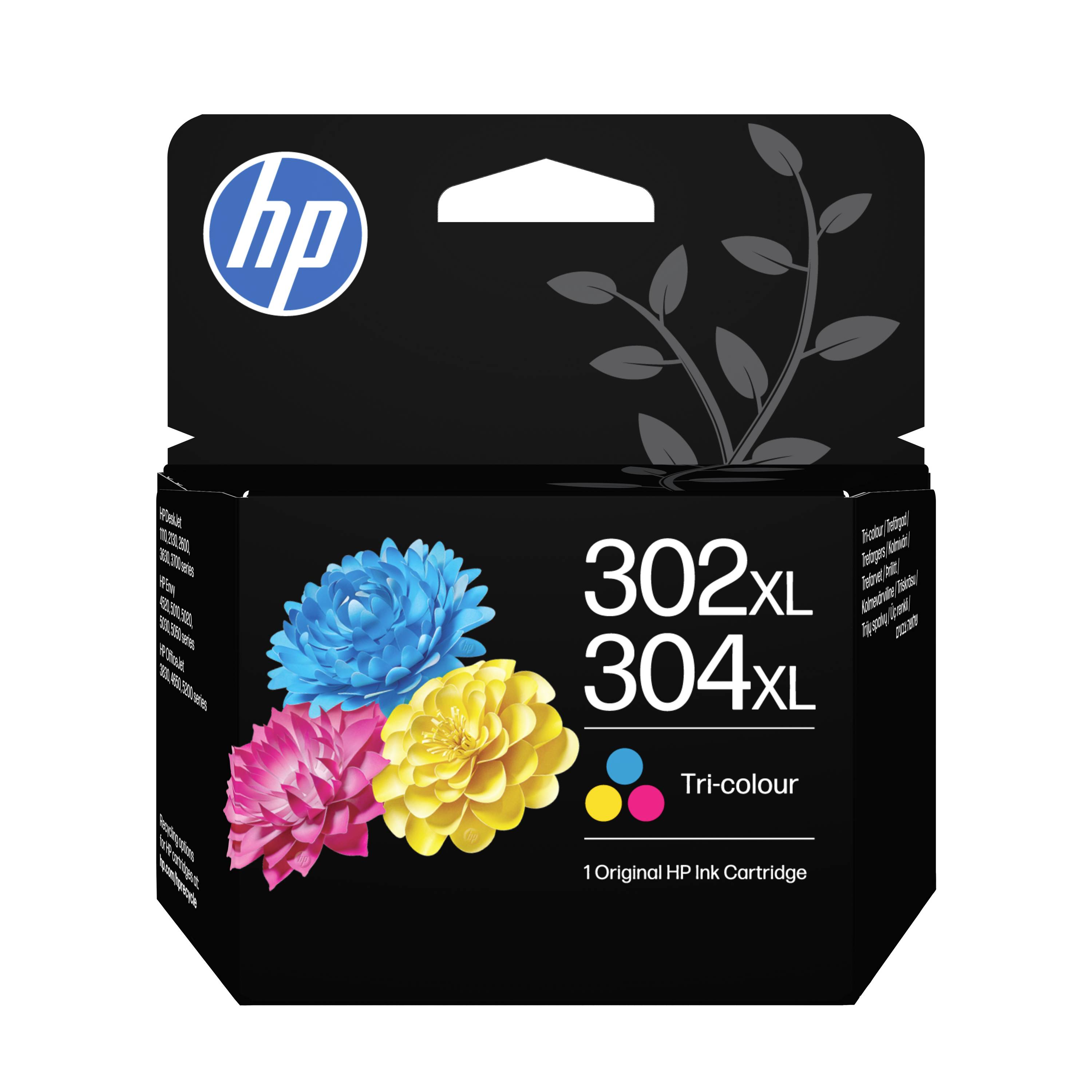 HP Original Tintenpatrone Box mit Bezeichnung 302XL/304XL Dreifarbig, mit blauen, rosa und gelben Blumenbildern.