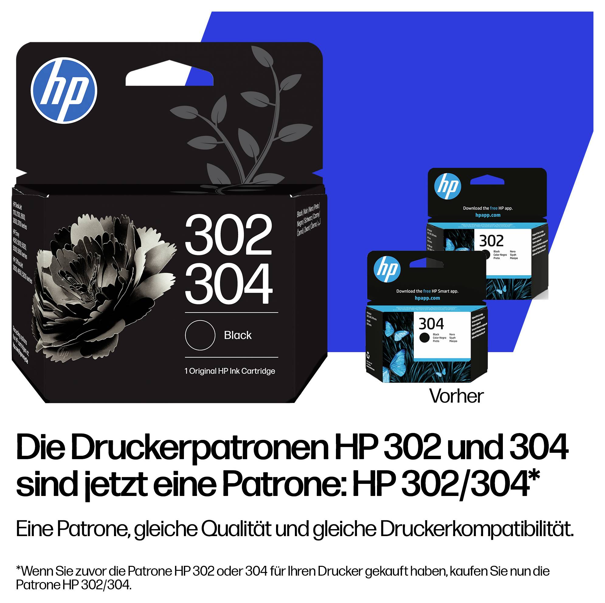 HP-Druckerpatronen-Verpackung mit der zusammengefassten HP 302/304 schwarzen Patrone und zwei kleineren alten 302er und 304er Packungen, mit deutschem Text, der ankündigt, dass eine Patrone jetzt beide Drucker unterstützt.