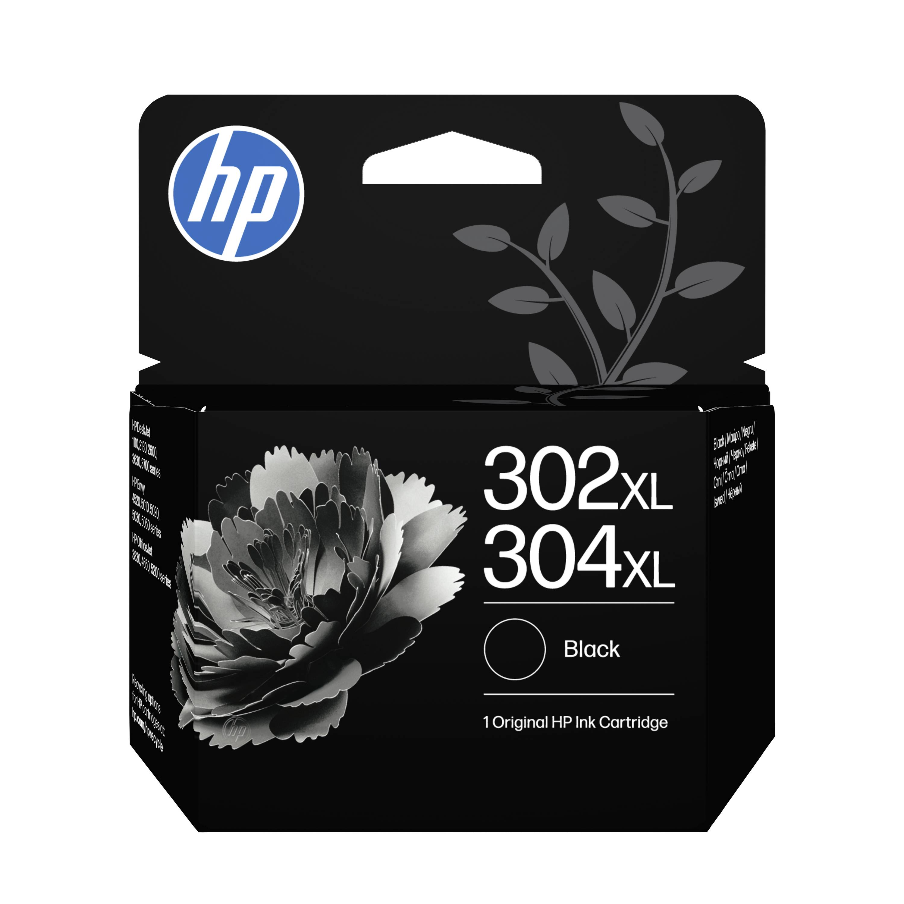 HP Tintenpatronenbox mit Bezeichnung 302XL und 304XL Schwarz, mit Blumengrafik und Text „1 Original HP Tintenpatrone