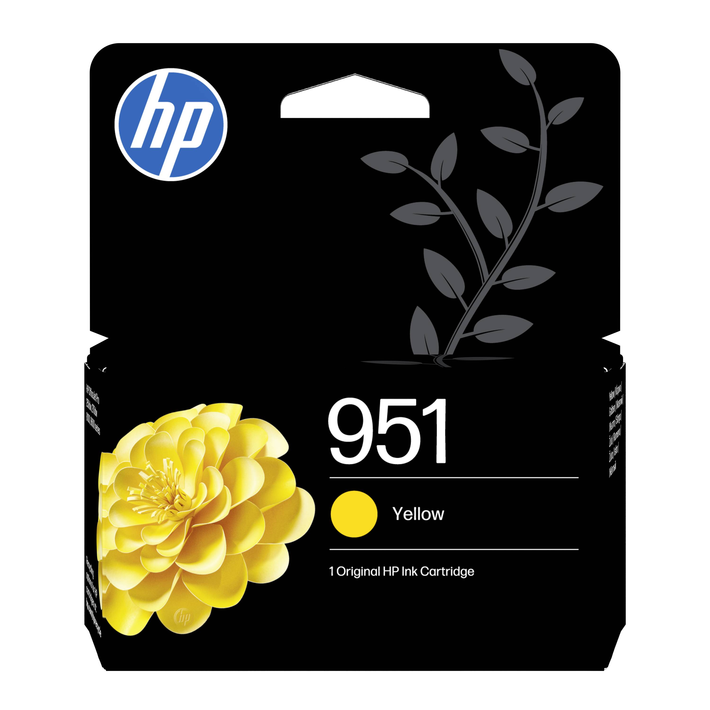 HP 951 gelbe Tintenpatrone mit HP-Logo, gelbem Blumenmotiv und Pflanzendarstellung auf einer schwarzen Verpackung.