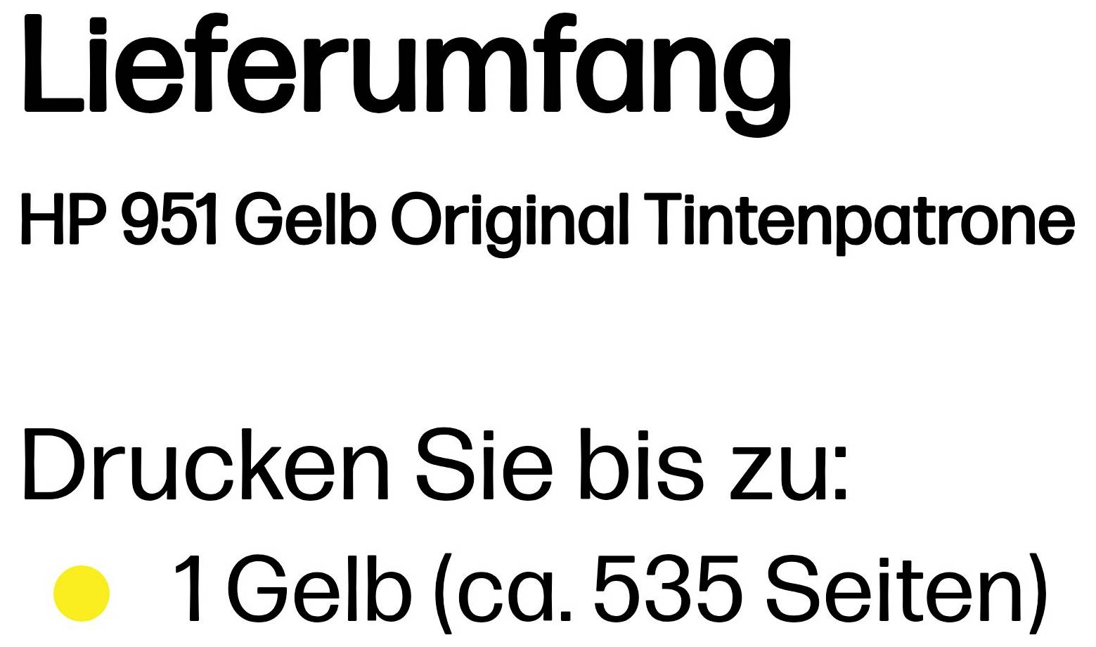 # HP 951 Gelbe Original-Tintenpatrone## PackungsinhaltDrucken Sie bis zu: 1 Gelb (ca. 535 Seiten) ●