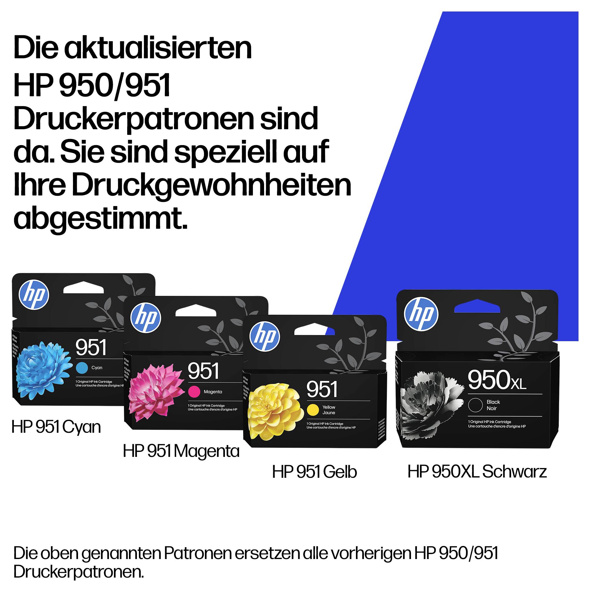 HP 950/951 Druckerpatronen in Cyan, Magenta, Gelb und Schwarz, mit deutschem Text, der aktualisierte Patronen ankündigt, die auf Druckgewohnheiten abgestimmt sind.