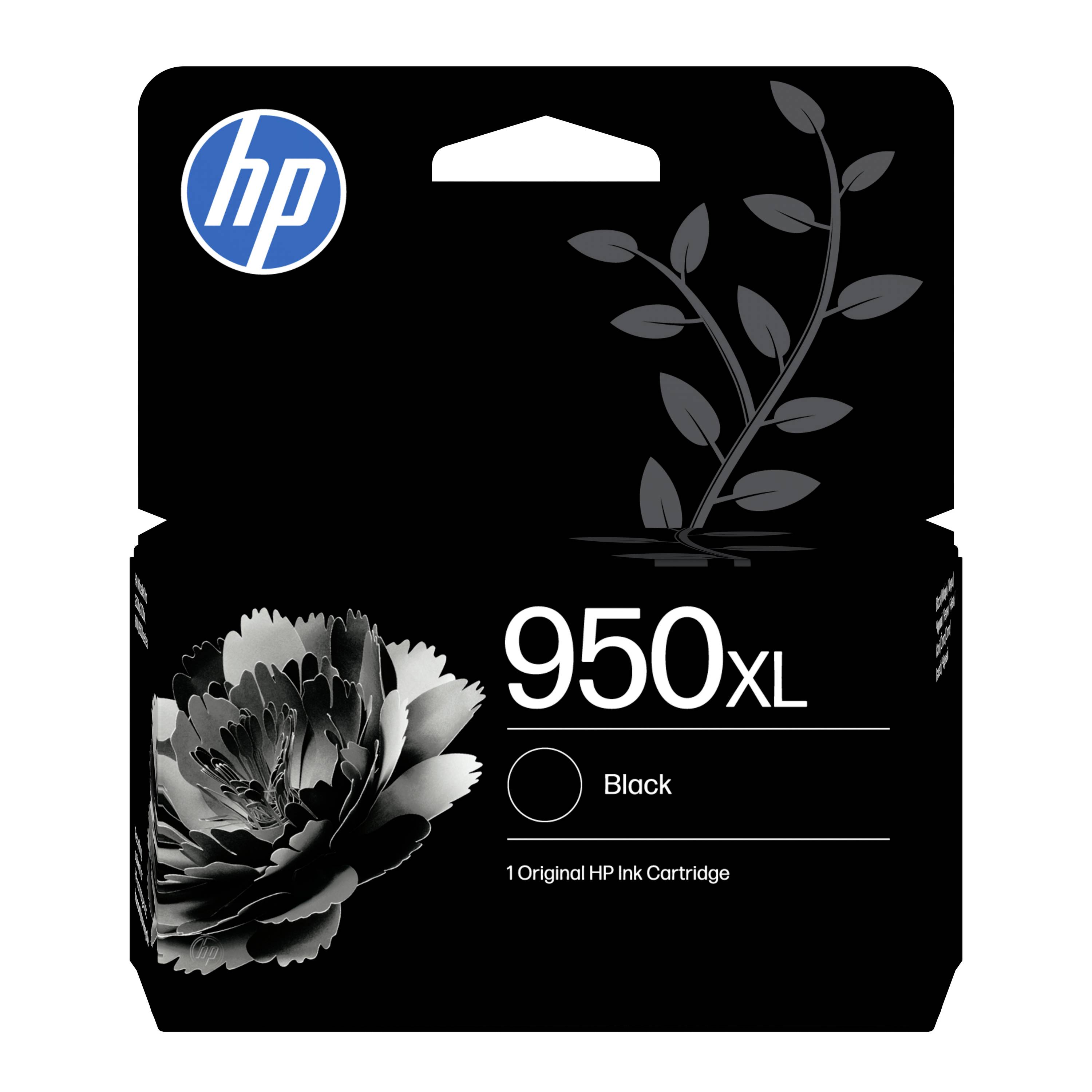 HP 950XL schwarze Tintenpatrone mit HP-Logo und Blumenbild