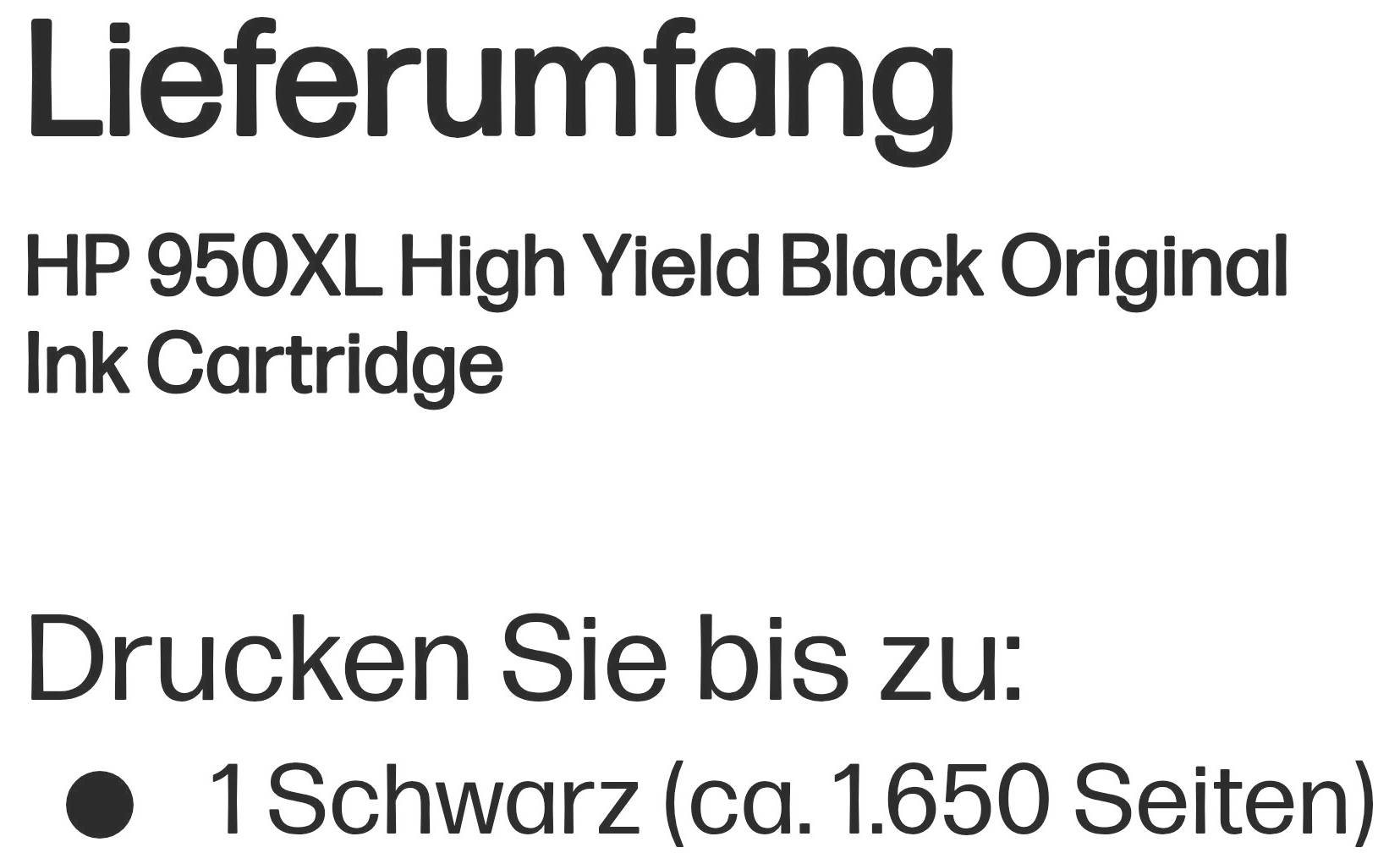 HP 950XL Hochleistungs-Schwarz Original Tintenpatrone, mit einer schwarzen Patrone, die bis zu etwa 1.650 Seiten druckt.