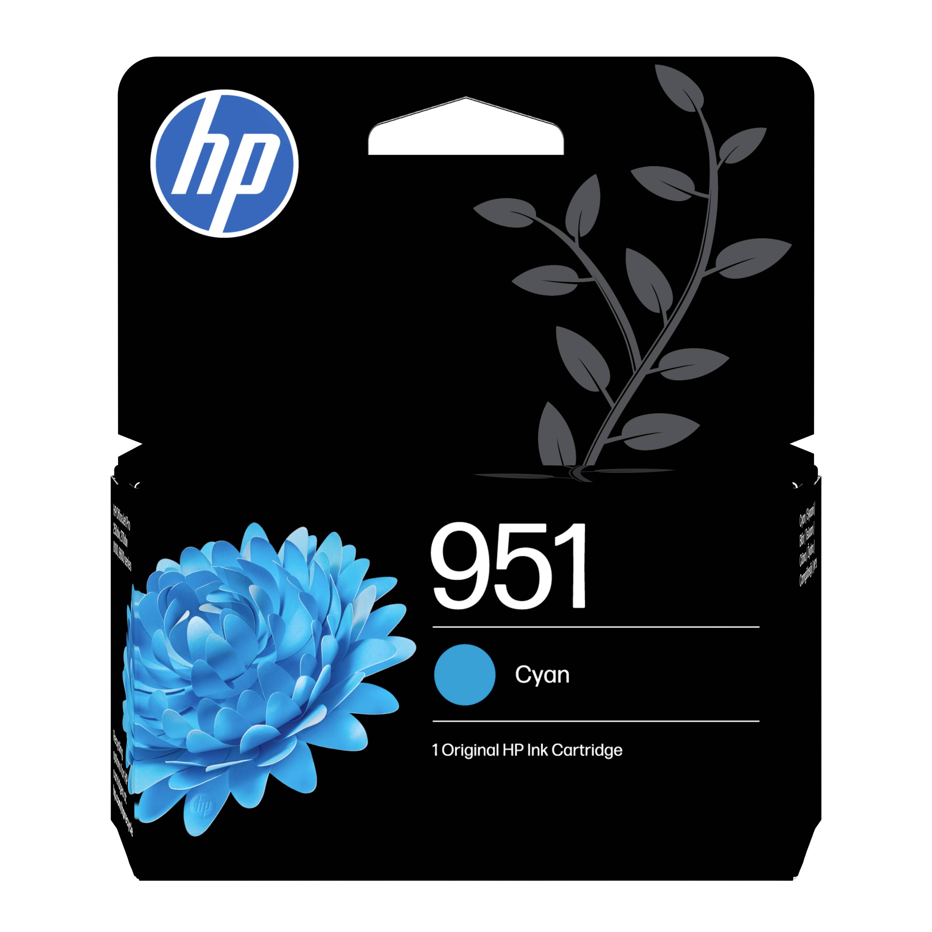 HP 951 Cyan-Tintenpatrone in Verpackung mit blauem Blumengrafik und HP-Logo auf schwarzem Karton.