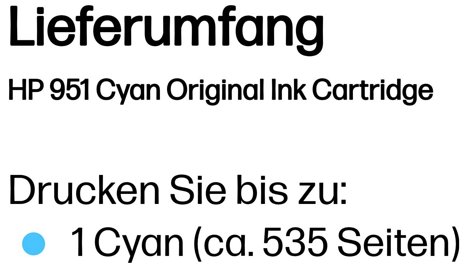 Deutsches Produktinformationen für HP 951 Cyan Original Tintenpatrone: druckt bis zu 535 Seiten und enthält 1 cyan Tintenpatrone.