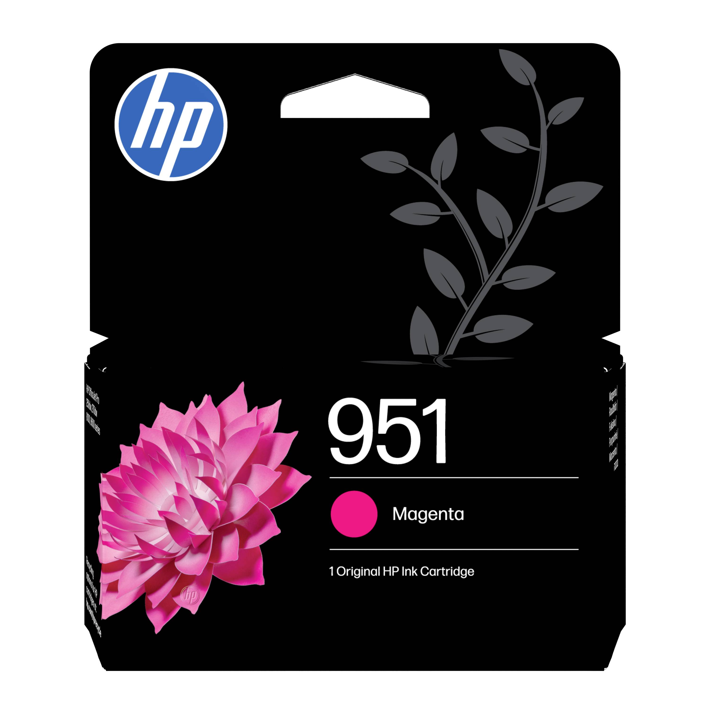HP 951 Magenta-Tintenpatrone in einer Verpackung mit HP-Logo, Bild einer rosafarbenen Blume und Kennzeichnung „Magenta