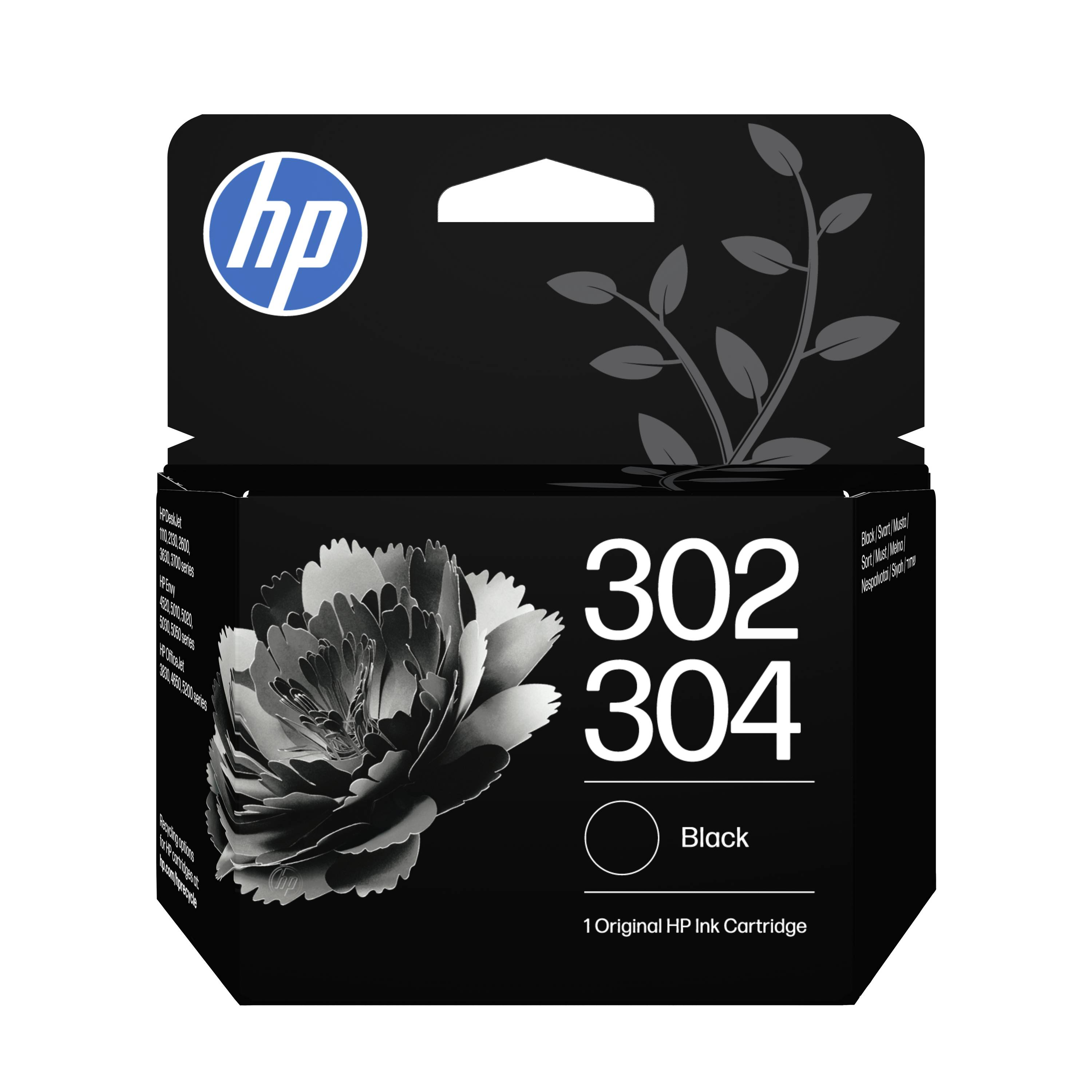 HP 302/304 Originalpatrone in Schwarz mit HP-Logo und Blumenmotiv-Design.