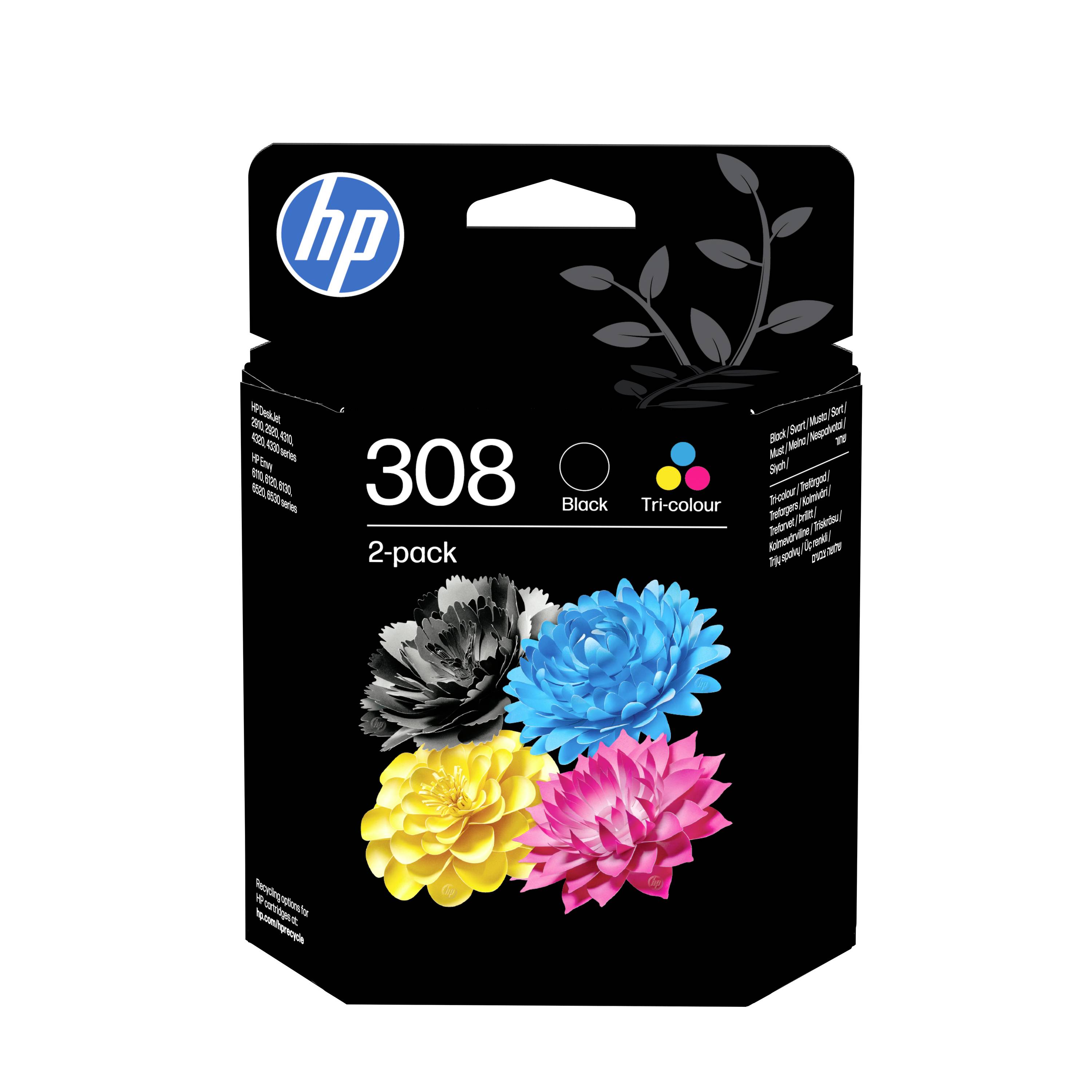 HP 308 Tintenpatrone 2er-Pack, Schwarz und Mehrfarbig, mit Blumengrafiken auf schwarzem Karton.