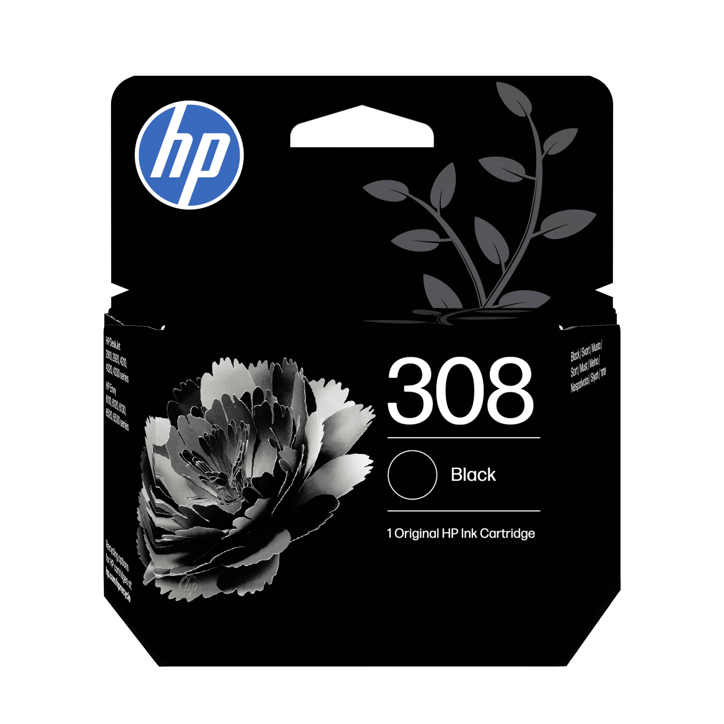HP 308 Schwarze Original-Tintenpatrone in einer Schachtel mit HP-Logo und Blumendesign auf schwarzer Verpackung.
