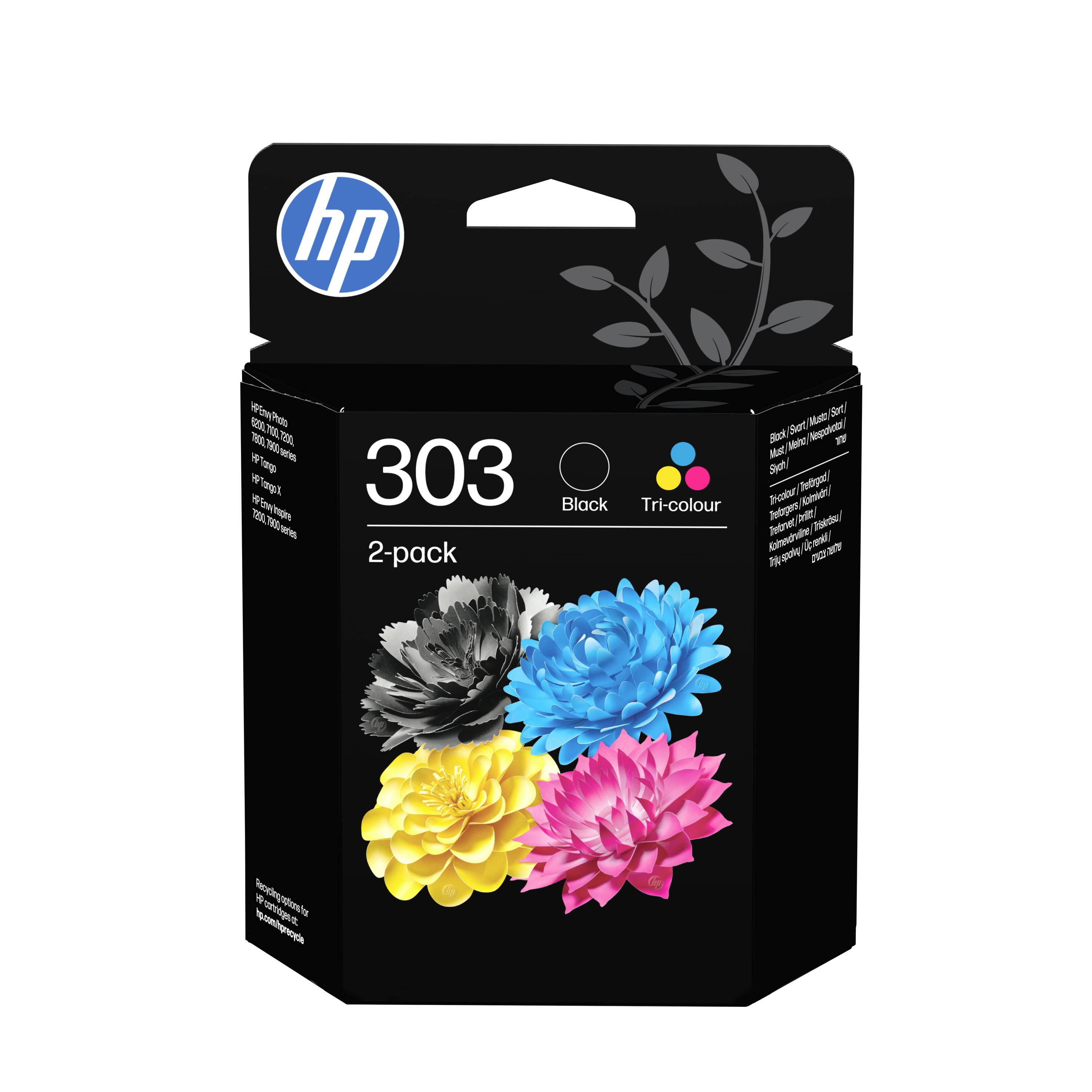 HP 303 2er-Pack Tintenpatronenbox mit schwarzer und dreifarbiger Tinte, dargestellt durch vier farbige Blumen.