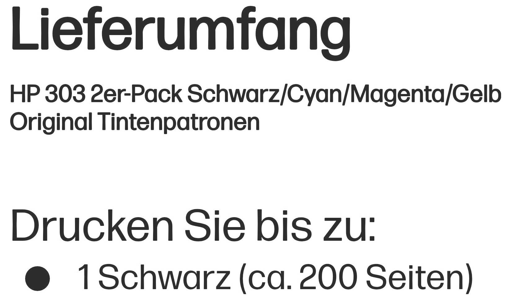 HP 303 2er-Pack Original Druckerpatronen in Schwarz/Cyan/Magenta/Gelb, wobei eine schwarze Patrone bis zu etwa 200 Seiten druckt.