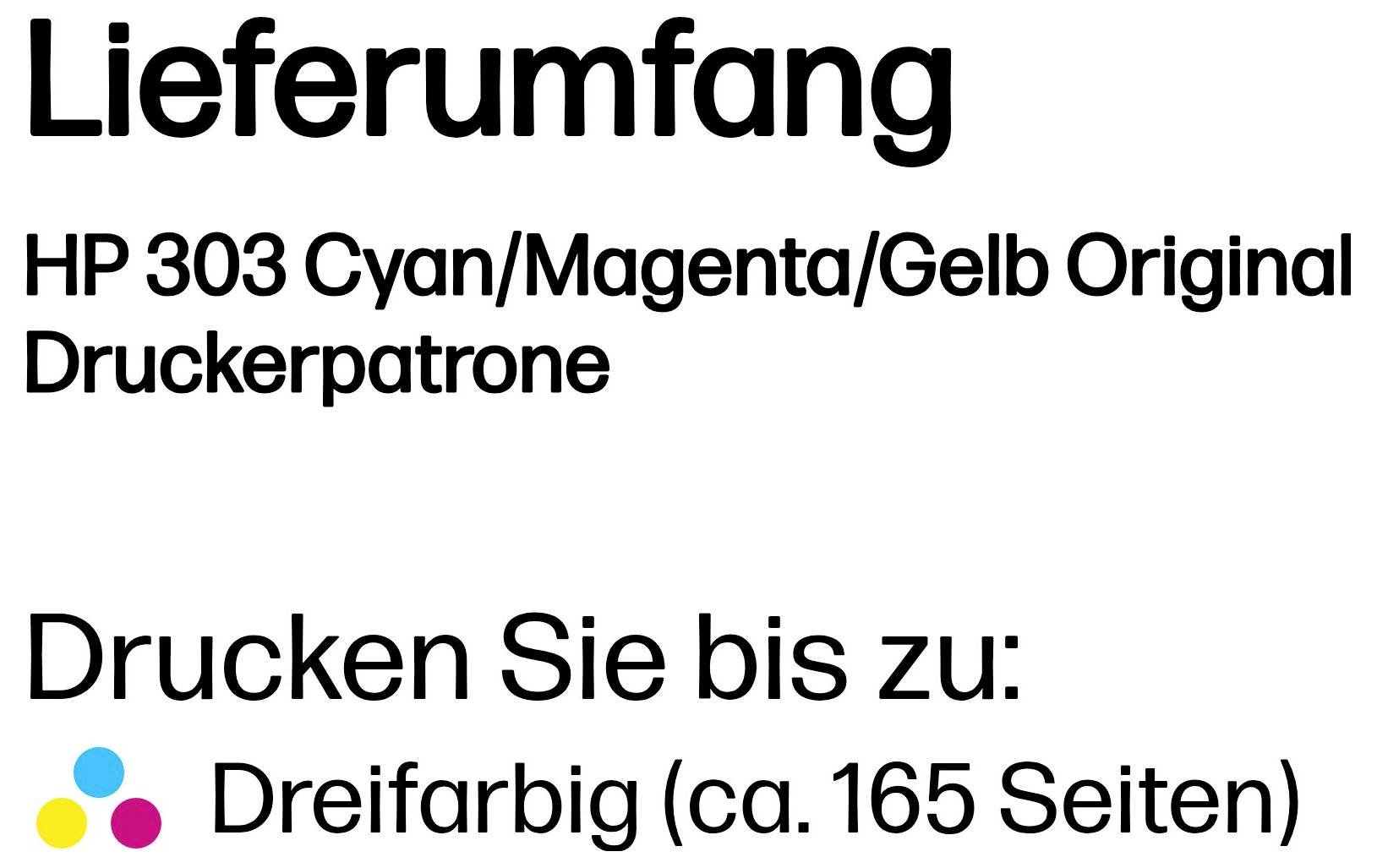 HP 303 Cyan/Magenta/Gelb Original-Druckerpatrone und Druckleistung: Dreifarbenpatrone, etwa 165 Seiten.
