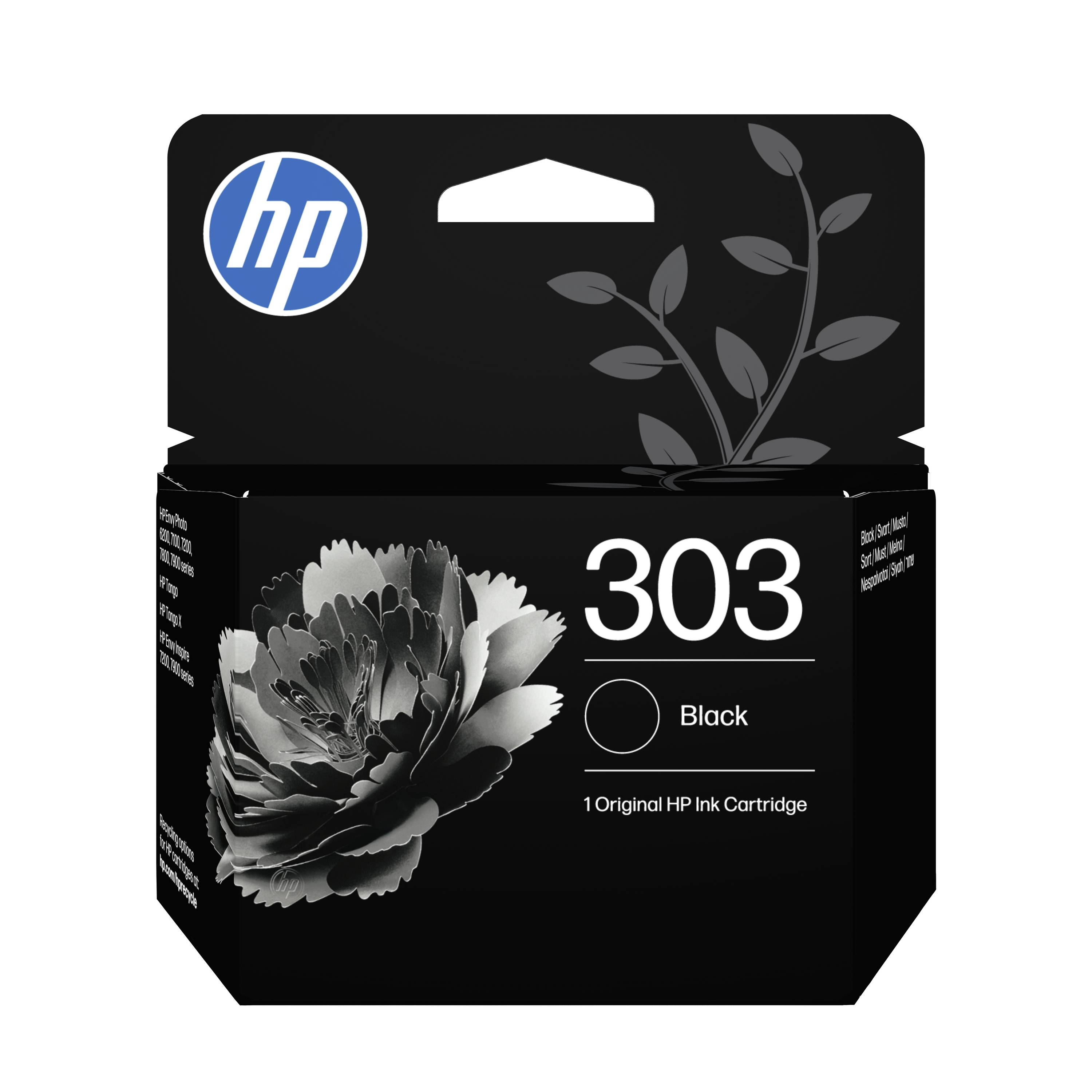 HP 303 Original Tintenpatrone Schwarz mit HP Logo und Blumengrafik auf der Verpackung.