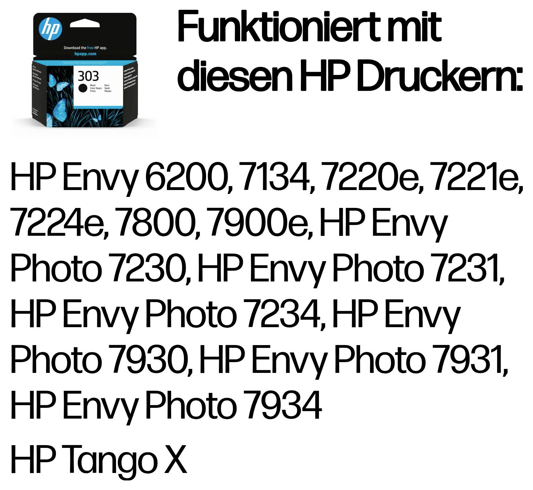 HP 303 Tintenpatrone kompatibel mit HP Envy und HP Tango X Druckern aufgelistet in deutschem Text.