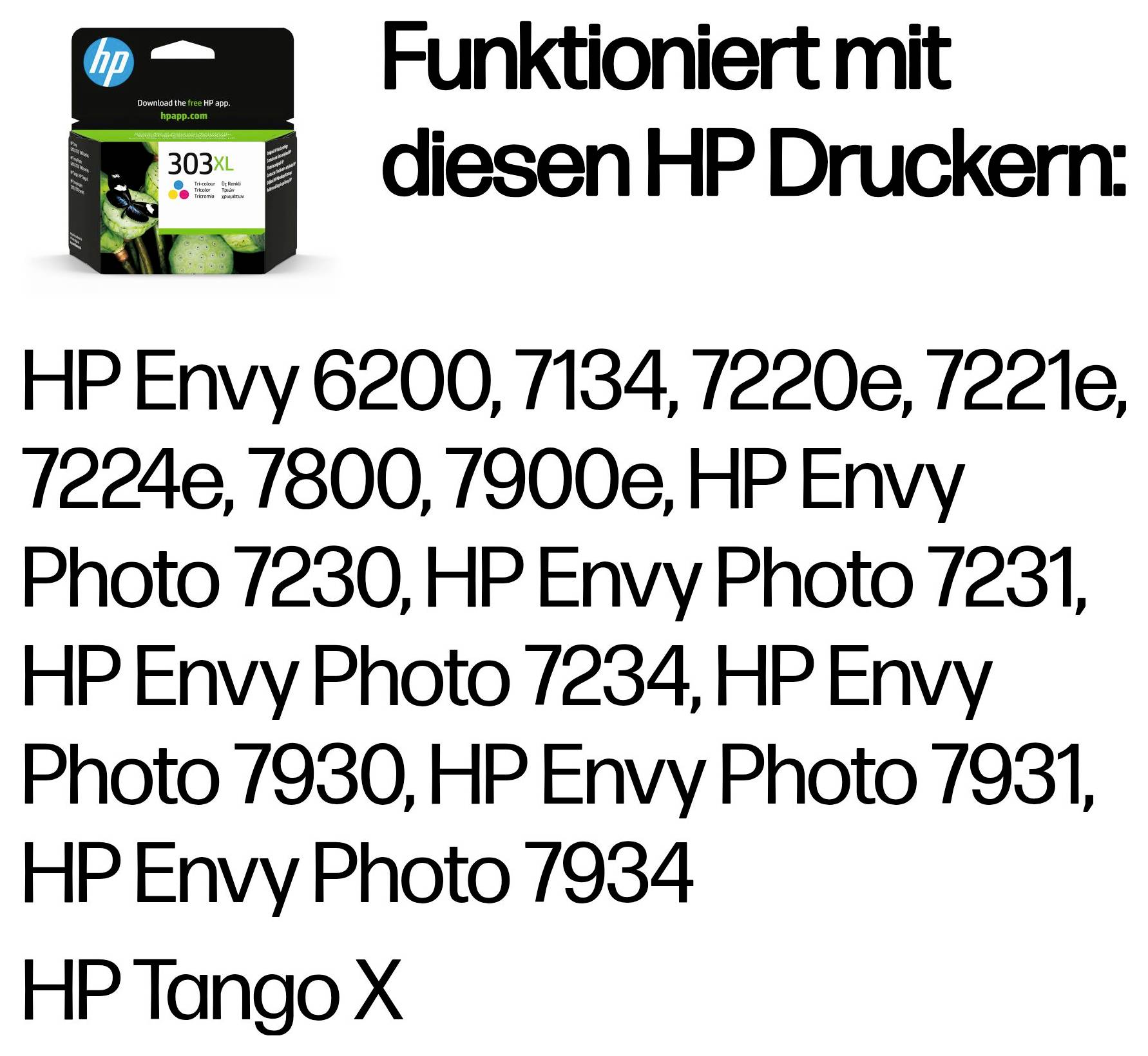 HP 303XL Tintenpatrone mit Text, der die kompatiblen Drucker auflistet: HP Envy 6200, 7134, 7220e, 7221e, 7224e, 7800, 7900e, Envy Photo Modelle und HP Tango X.
