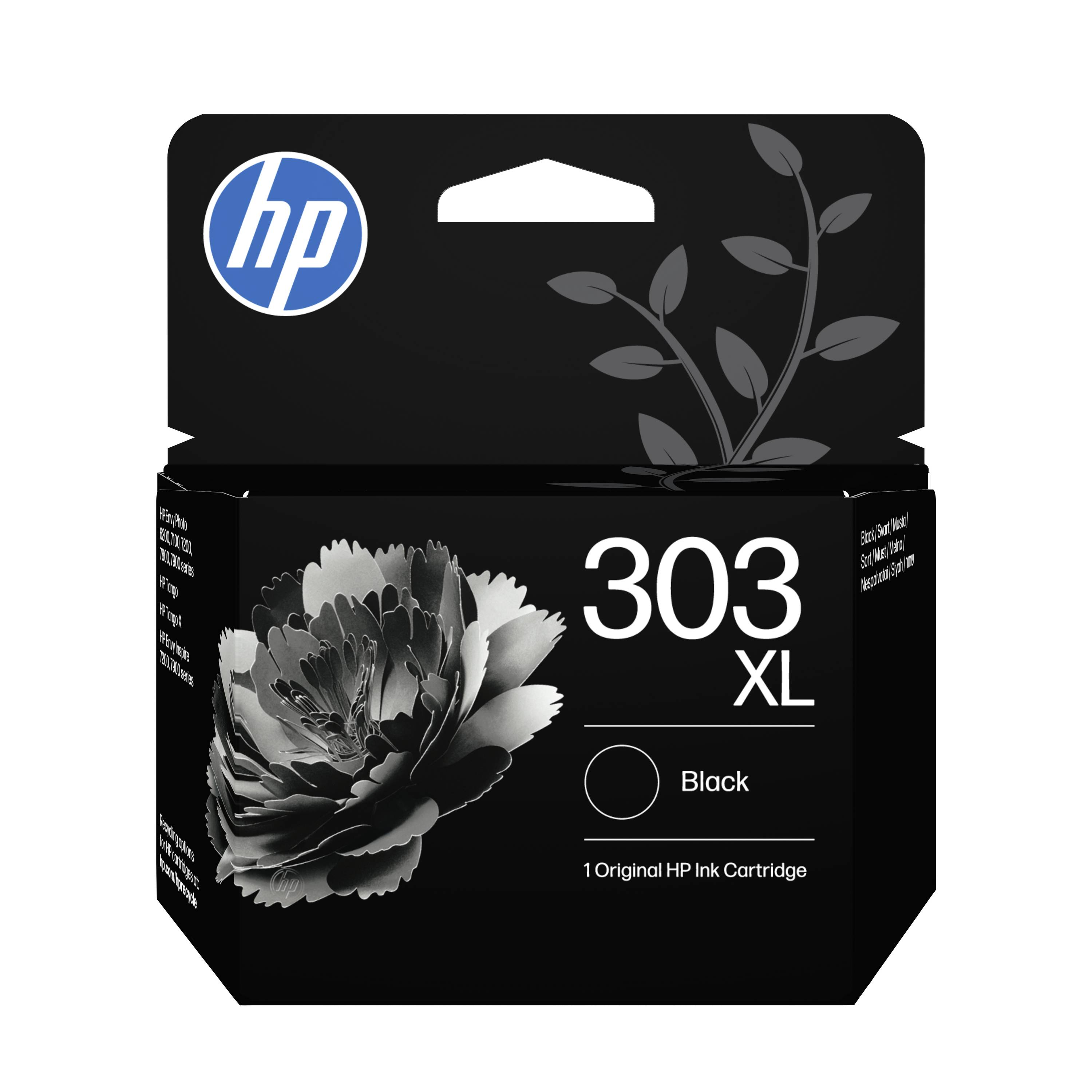 HP 303 XL Schwarz Original Tintenpatrone Box mit Blumengrafik und HP Logo.