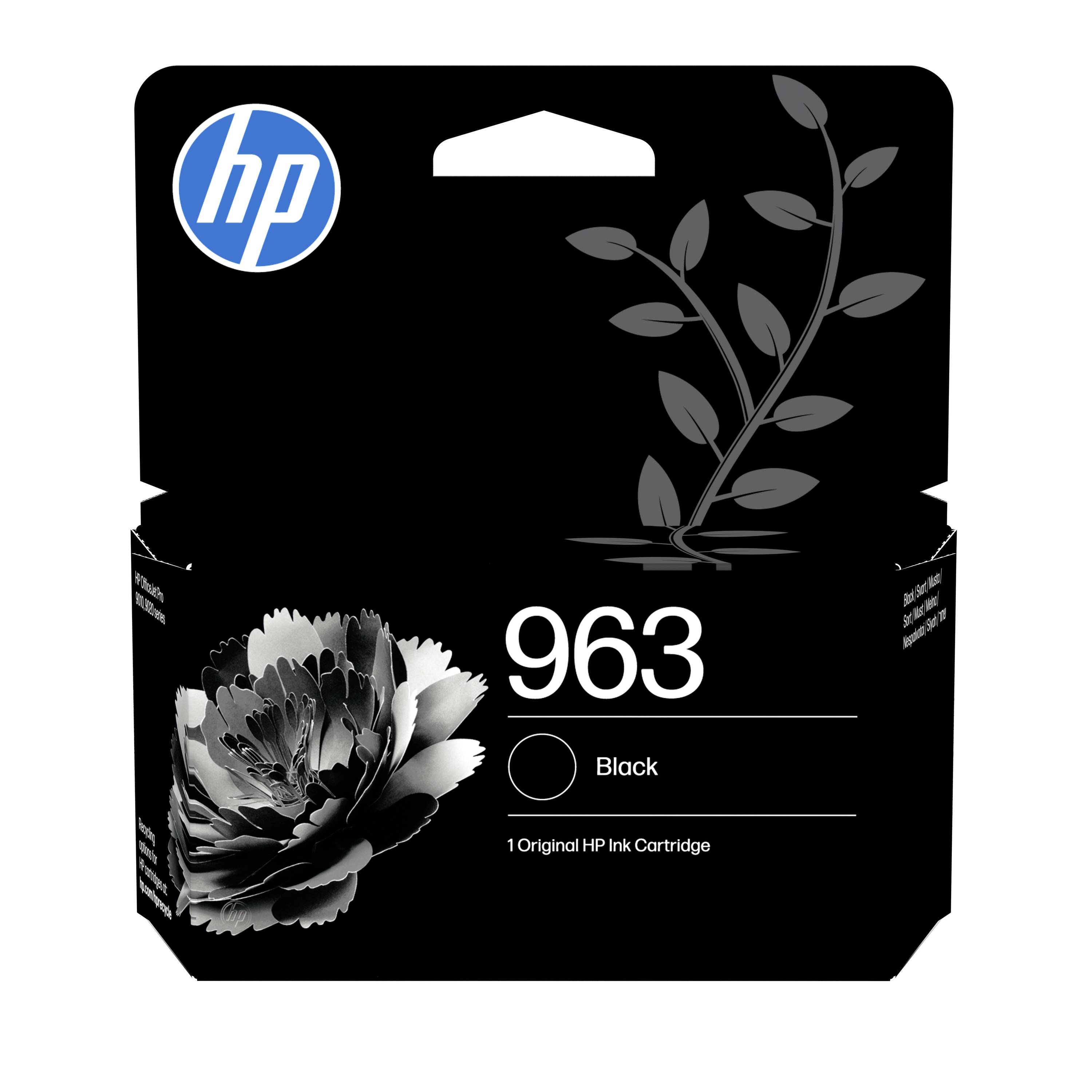 HP 963 schwarze Originaldruckerpatrone mit Blumen- und Blattdesign auf der Verpackung.