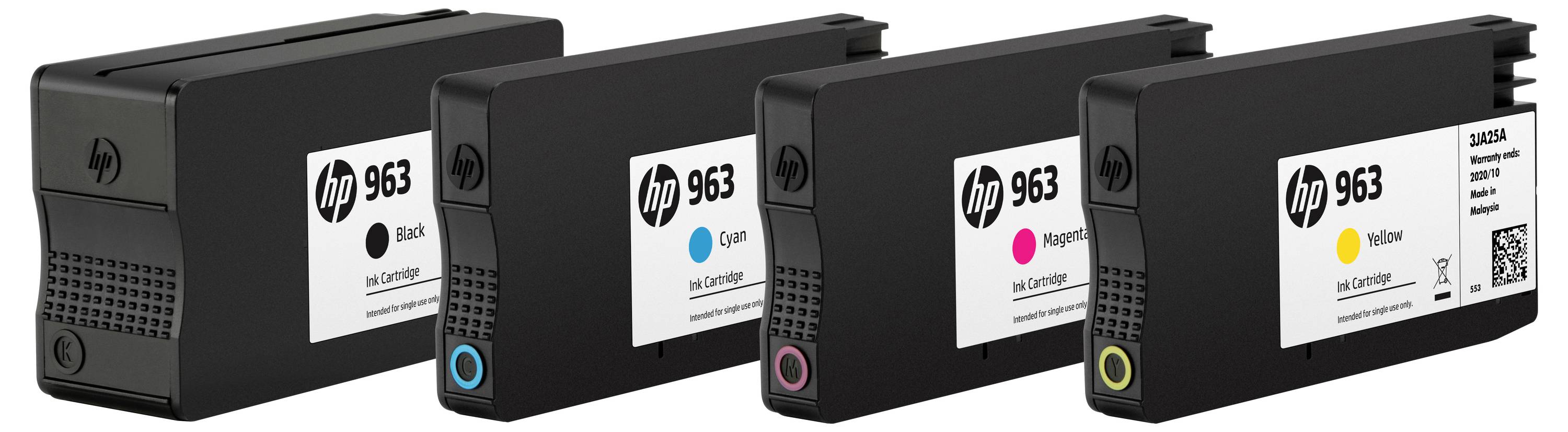 Vier HP 963 Tintenpatronen in Schwarz, Cyan, Magenta und Gelb, nebeneinander für einen Drucker angezeigt.