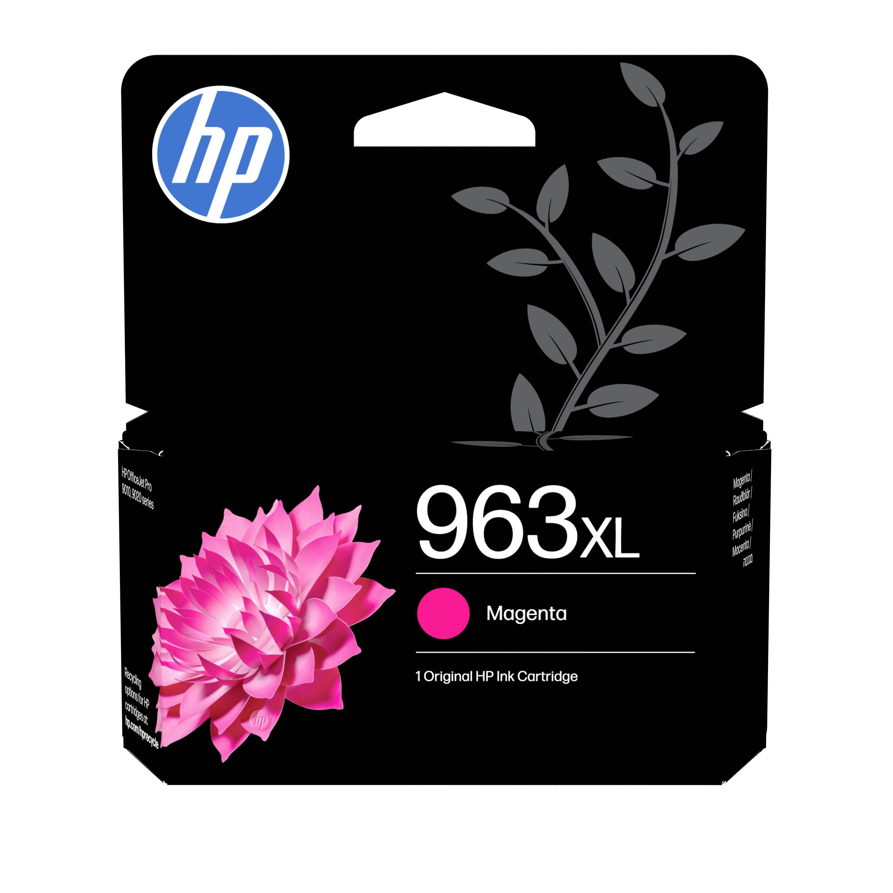 HP 963XL Magenta-Tintenpatrone mit Schachtel mit rosa Blütengrafikdesign und schwarzer Verpackung.