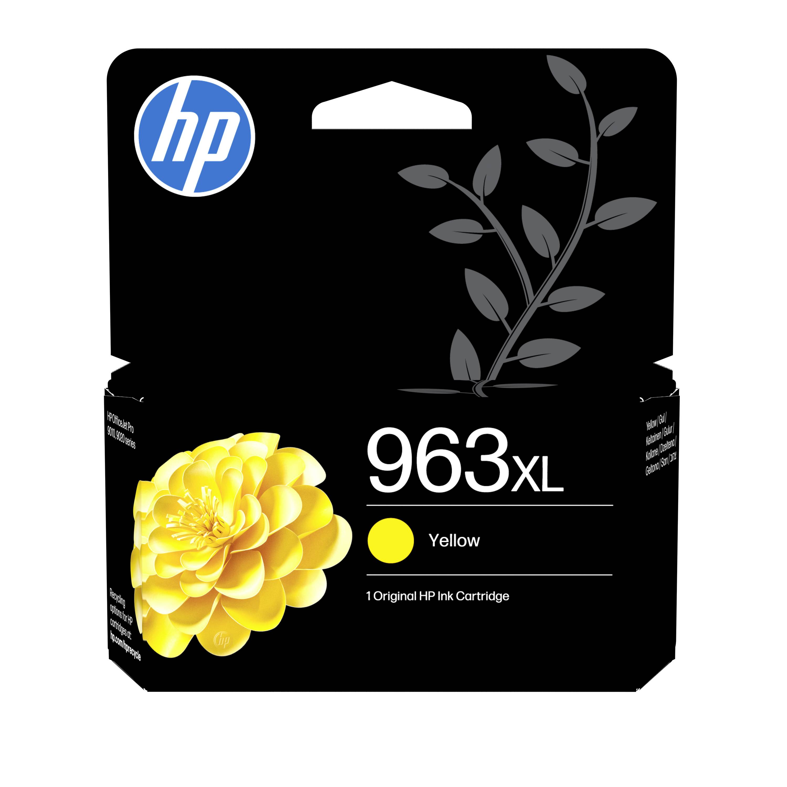 HP 963XL gelbe Tintenpatrone in einer Schachtel mit HP-Logo und gelbem Blumengrafik auf schwarzer Verpackung.