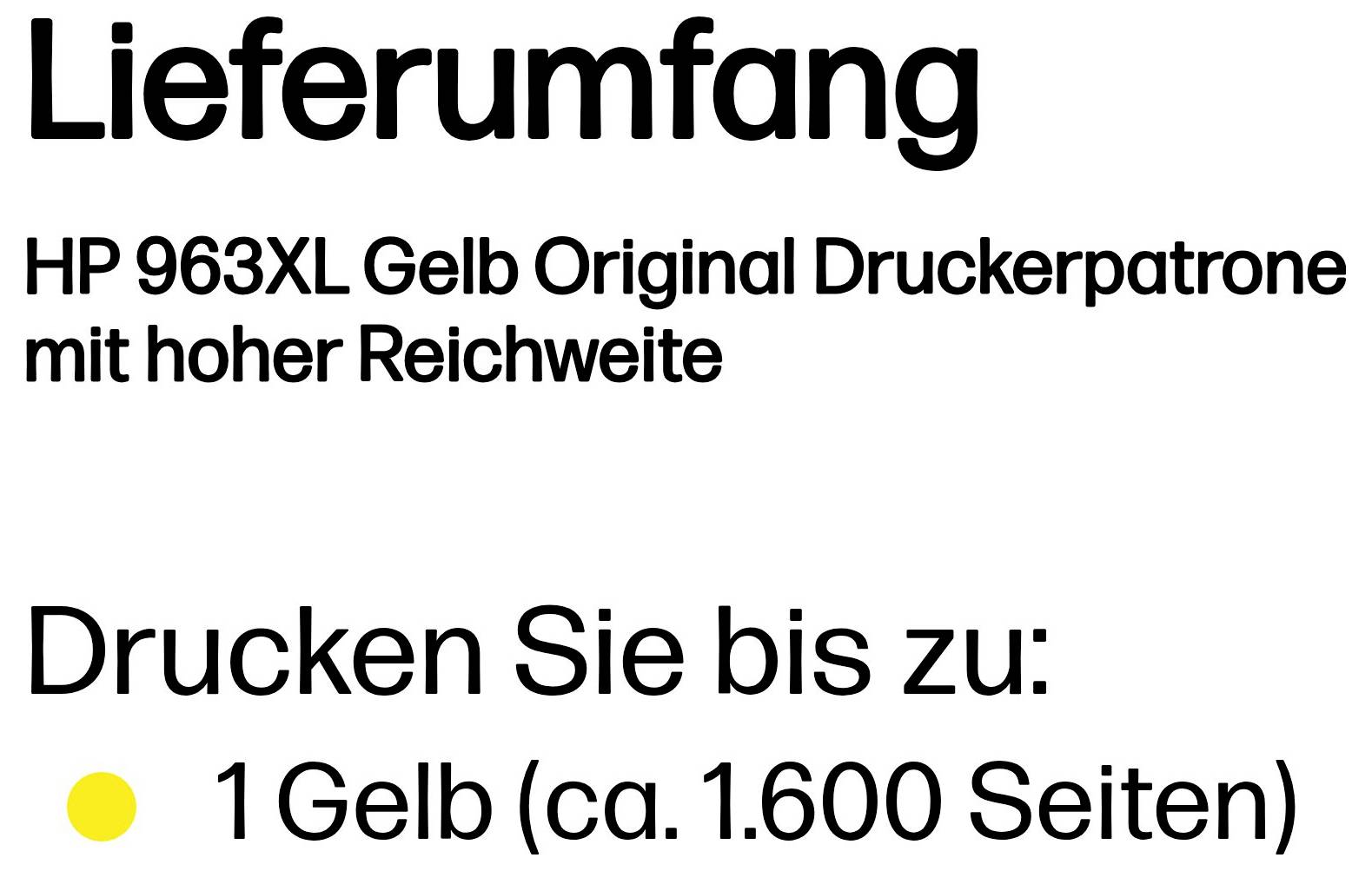 Lieferumfang für HP 963XL Gelb Original-Druckerpatrone, angeben 'Drucken Sie bis zu: 1 Gelb (ca. 1.600 Seiten)'.