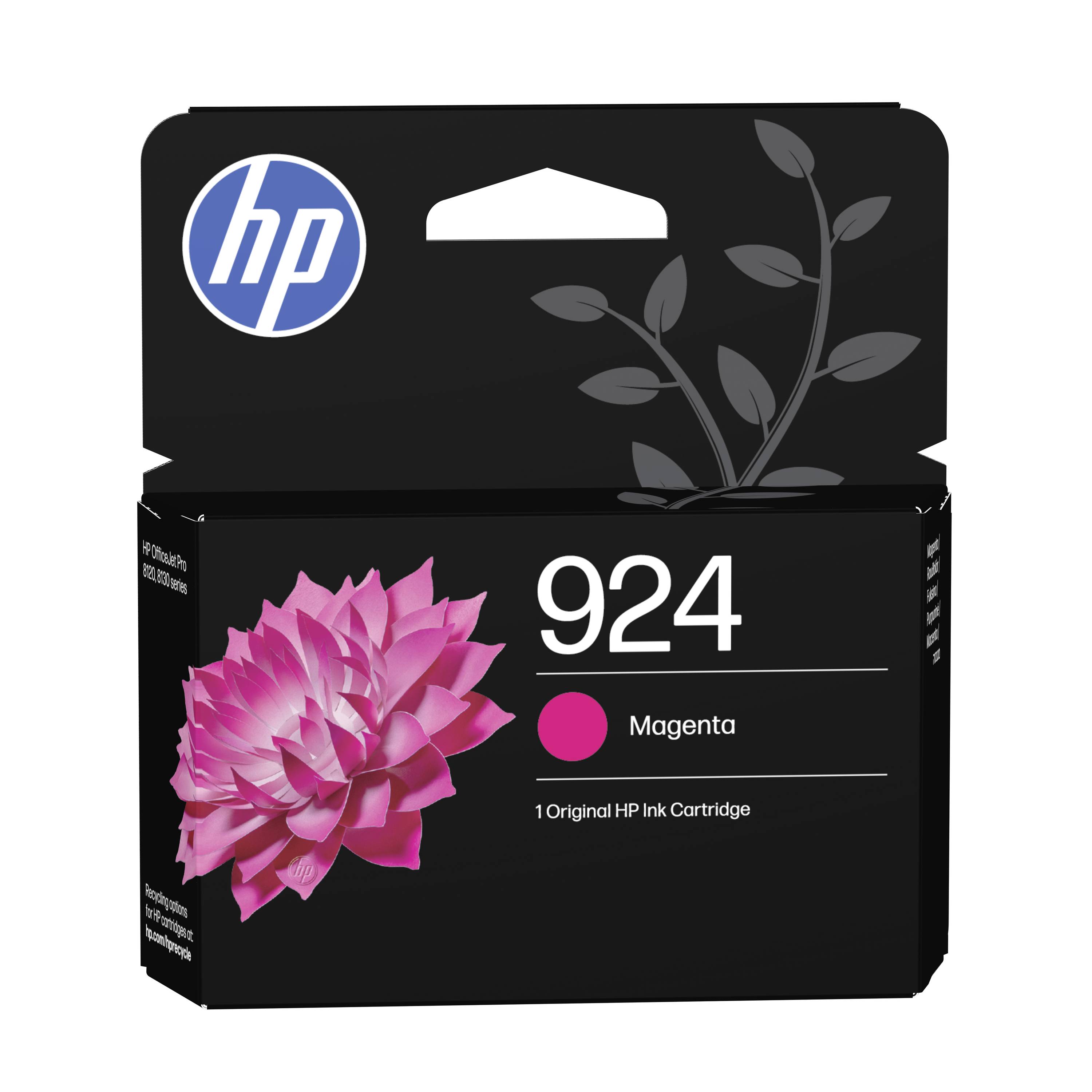 HP 924 Tintenpatrone in Magenta mit einem rosa Blumenbild und HP-Logo auf einer schwarzen Schachtel.