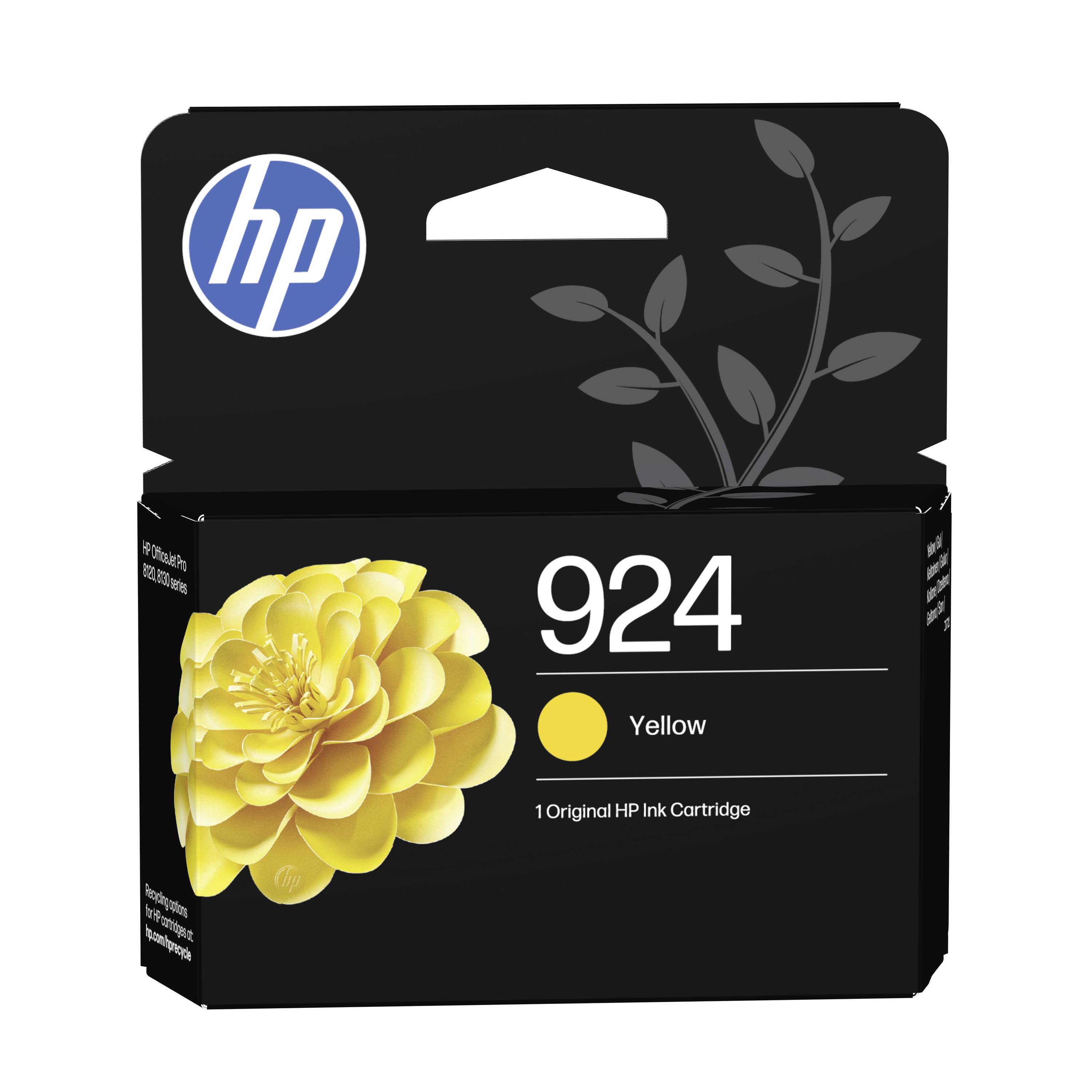 HP 924 gelbe Tintenpatrone in einer Schachtel mit HP-Logo und Blumengrafik auf schwarzer Verpackung.