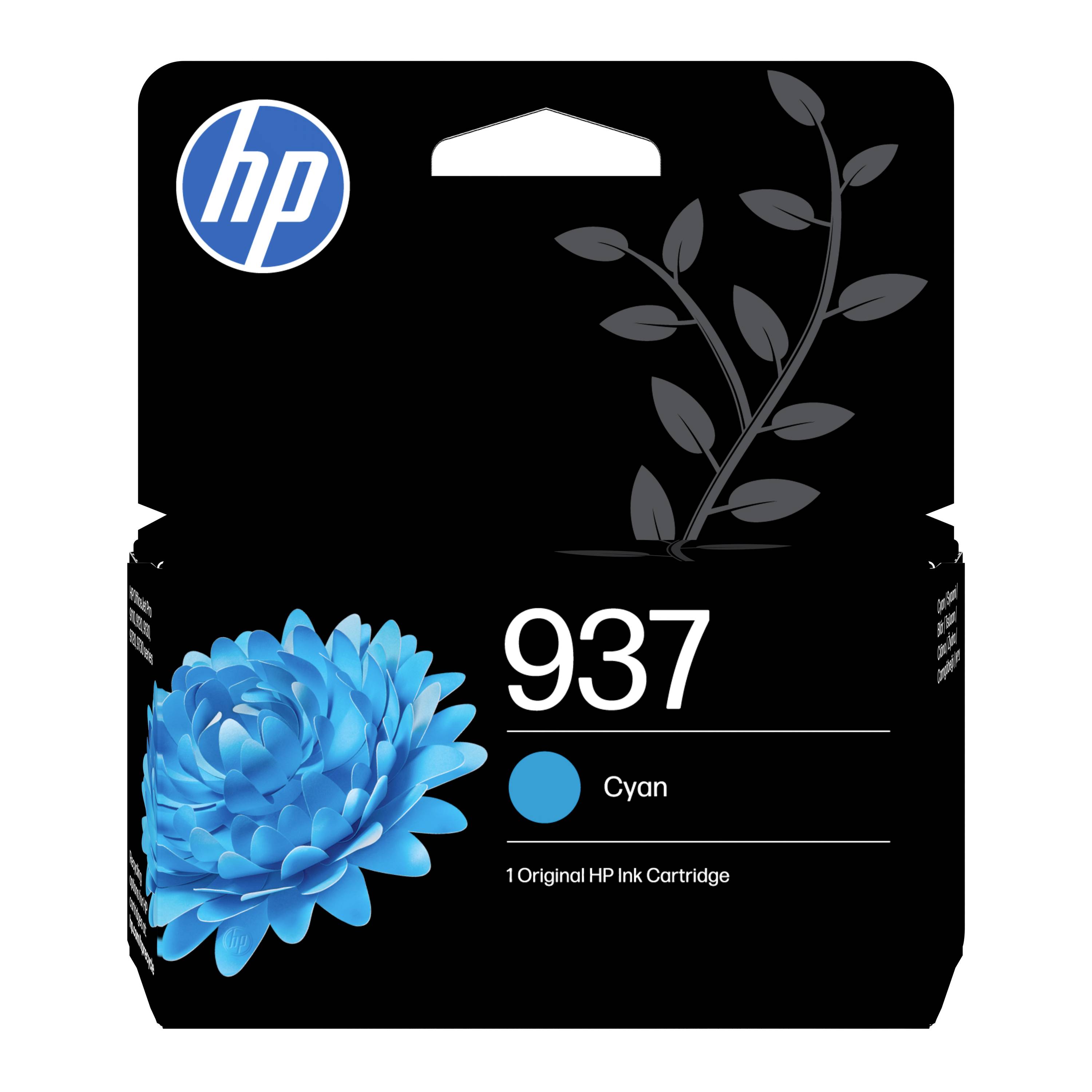 HP 937 Tintenpatrone in Cyan mit blauem Blumengrafik und HP-Logo auf schwarzer Schachtel.