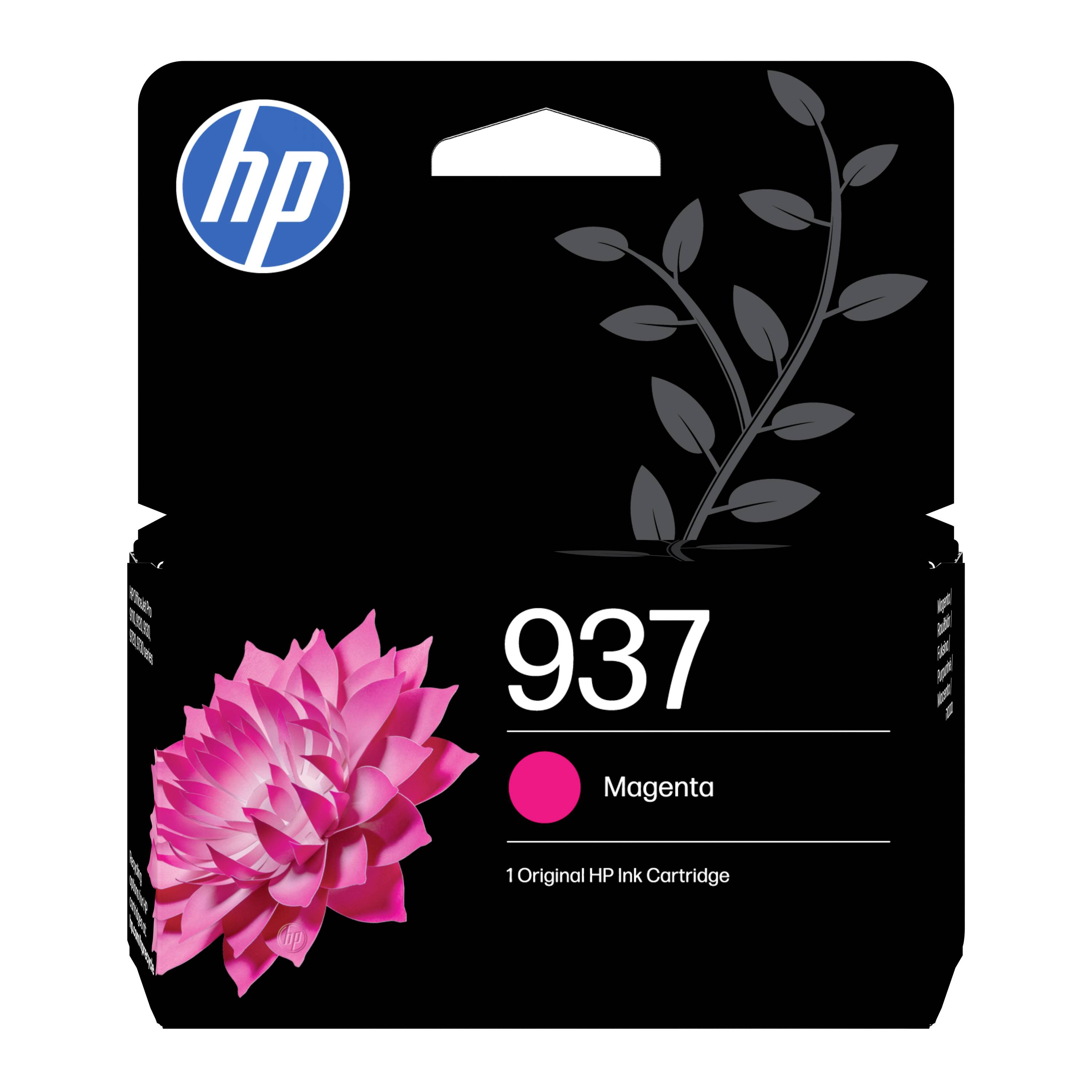 HP 937 Original-Druckerpatrone in Magenta mit HP-Logo und rosa Blütengrafikelement auf schwarzer Schachtel.