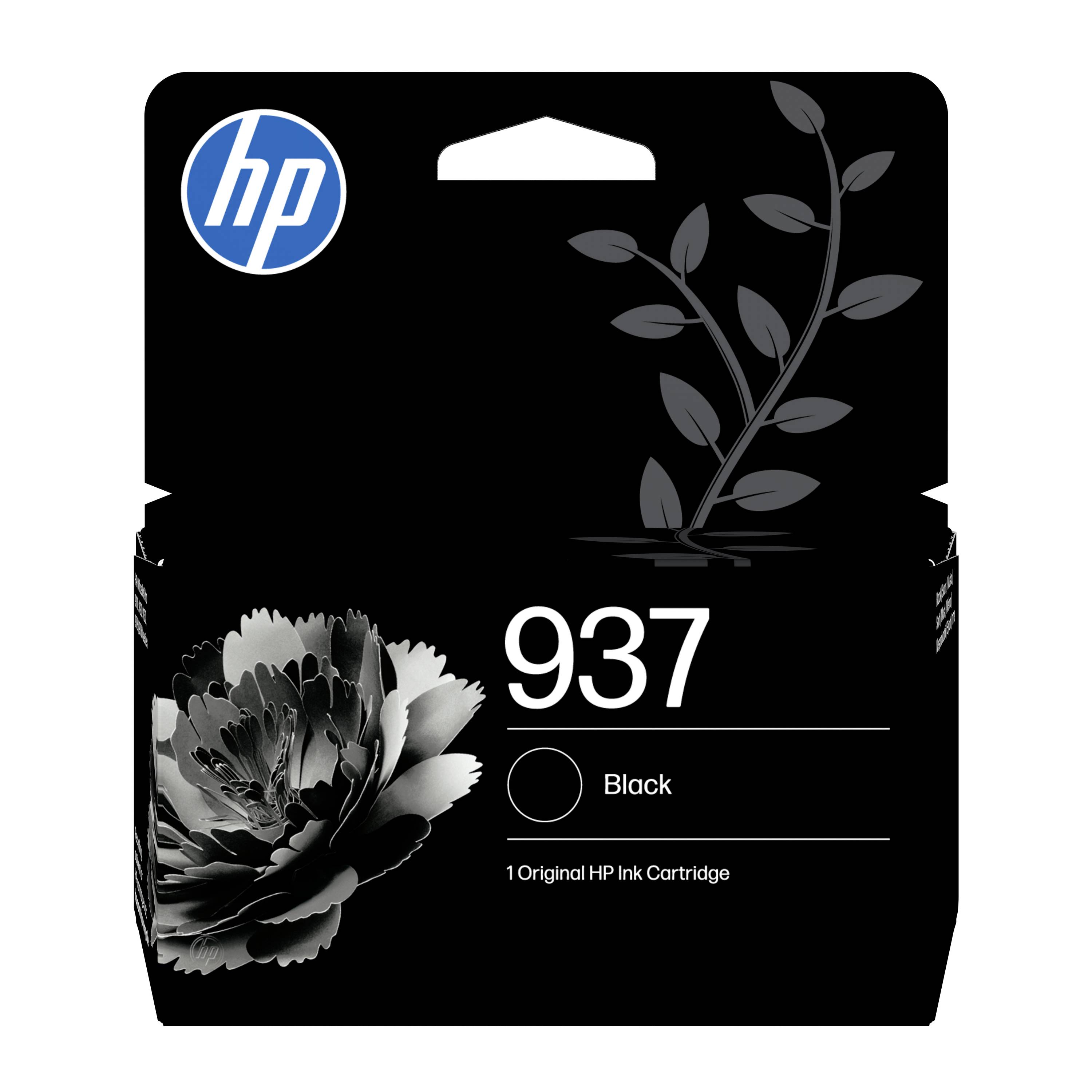 HP 937 schwarze Originalpatrone mit floralem Grafikdesign und „Schwarz