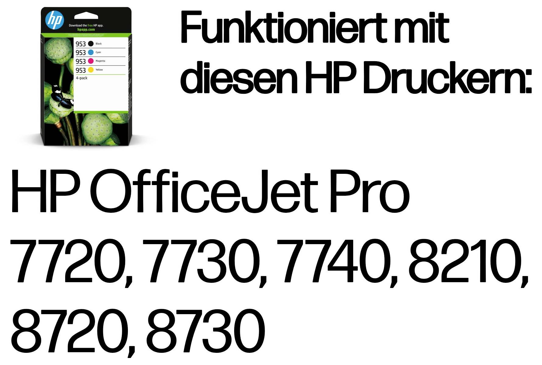 HP Tintenpatronenbehälter-Packung mit deutschem Text „Funktioniert mit diesen HP Druckern:
