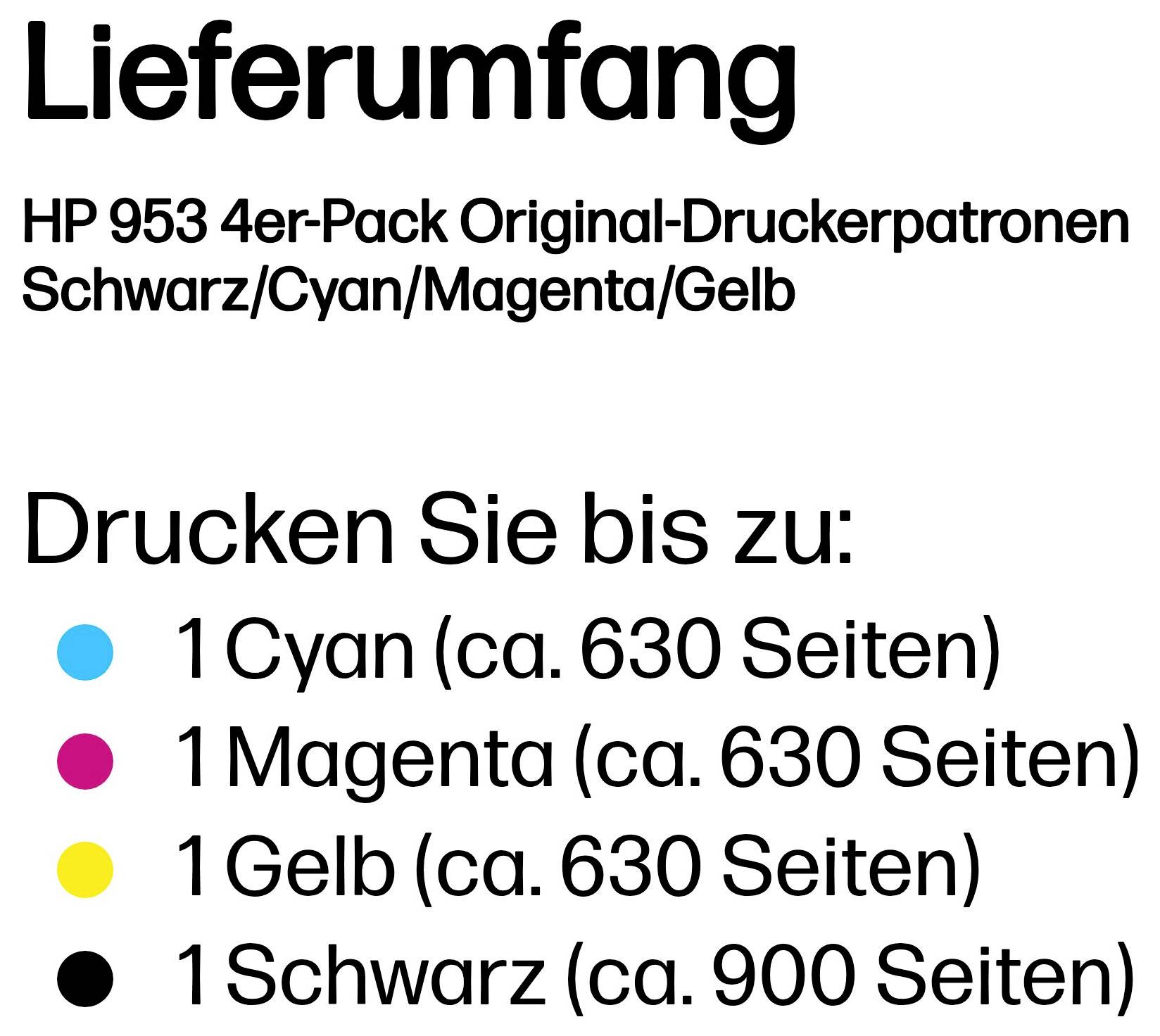 HP 953 4er-Pack Original-Druckerpatronen: 1 Cyan, 1 Magenta, 1 Gelb, 1 Schwarz; Druckreichweite ca. 630, 630, 630 und 900 Seiten.