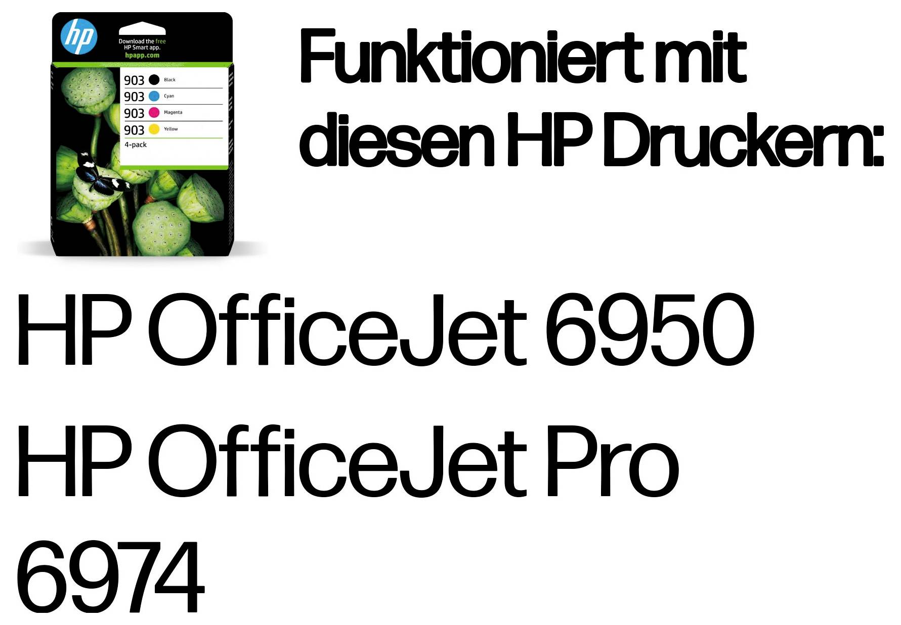 HP Tintenpatronenverpackung zeigt Kompatibilität mit HP OfficeJet 6950 und HP OfficeJet Pro 6974 Druckern; deutscher Text besagt, dass es 