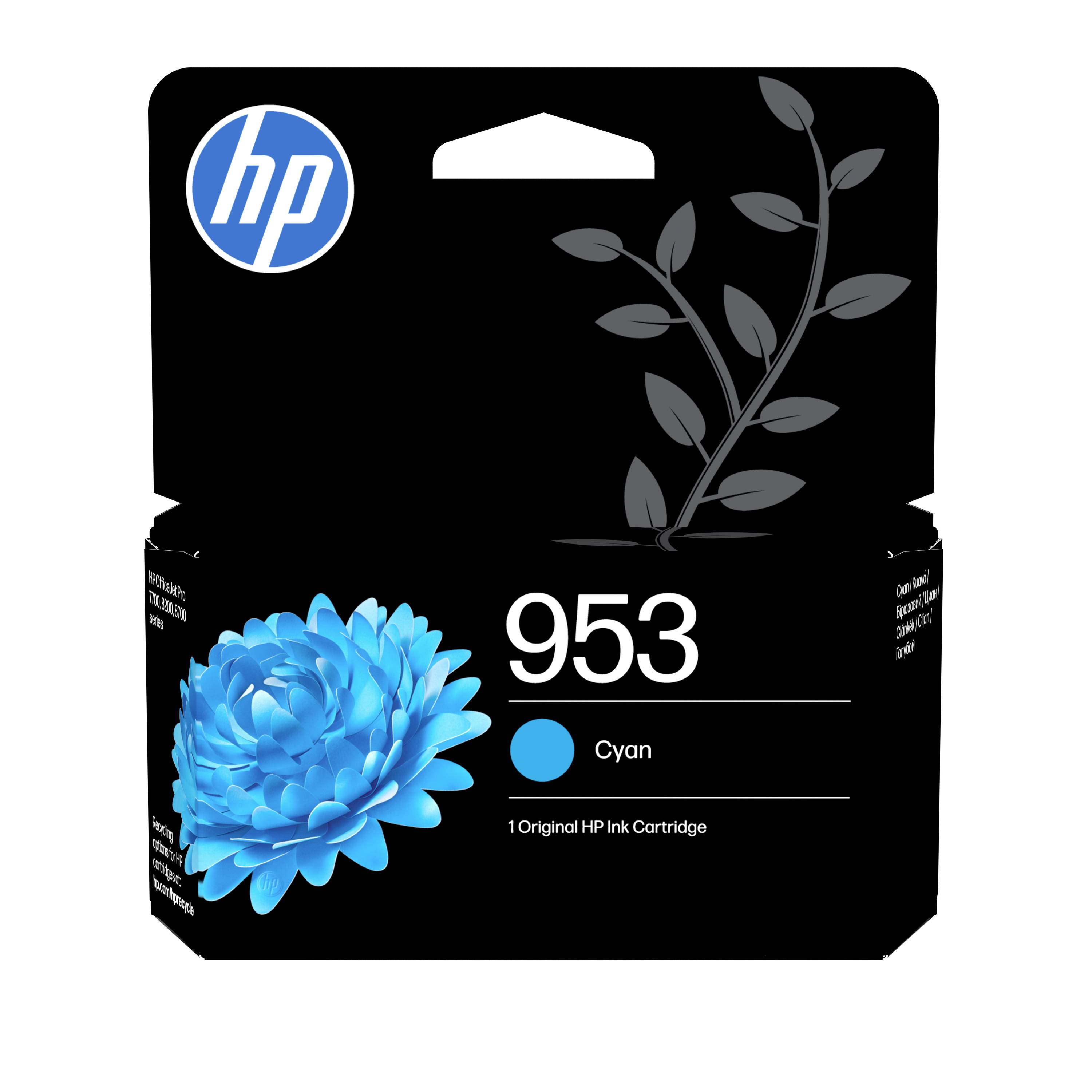 HP 953 Druckkopf in Cyan mit blauer Blumengrafik und HP-Logo auf einer schwarzen Schachtel.