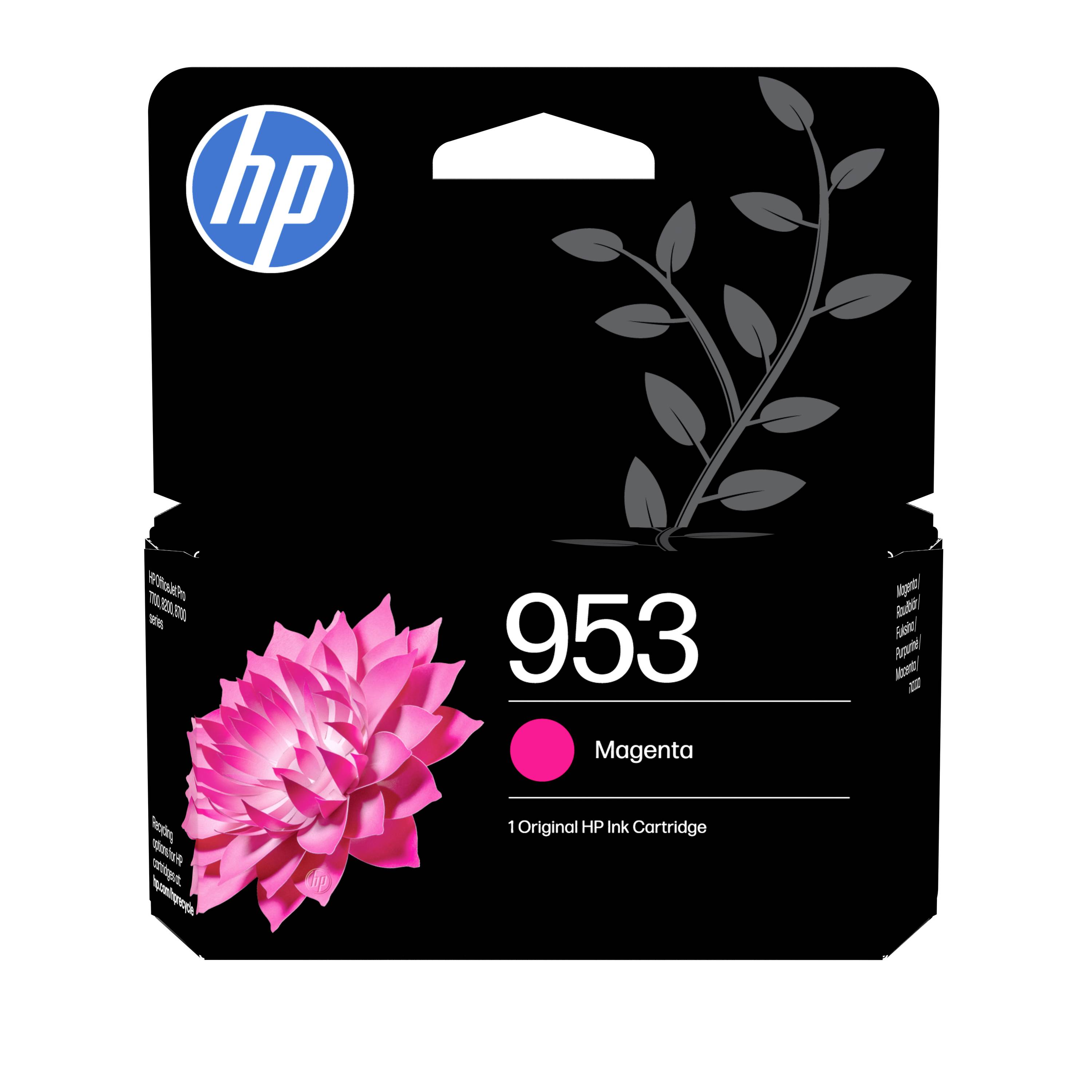 HP 953 Magenta-Tintenpatrone in einer Schachtel mit HP-Logo und rosa Blumengrafik auf schwarzer Verpackung.