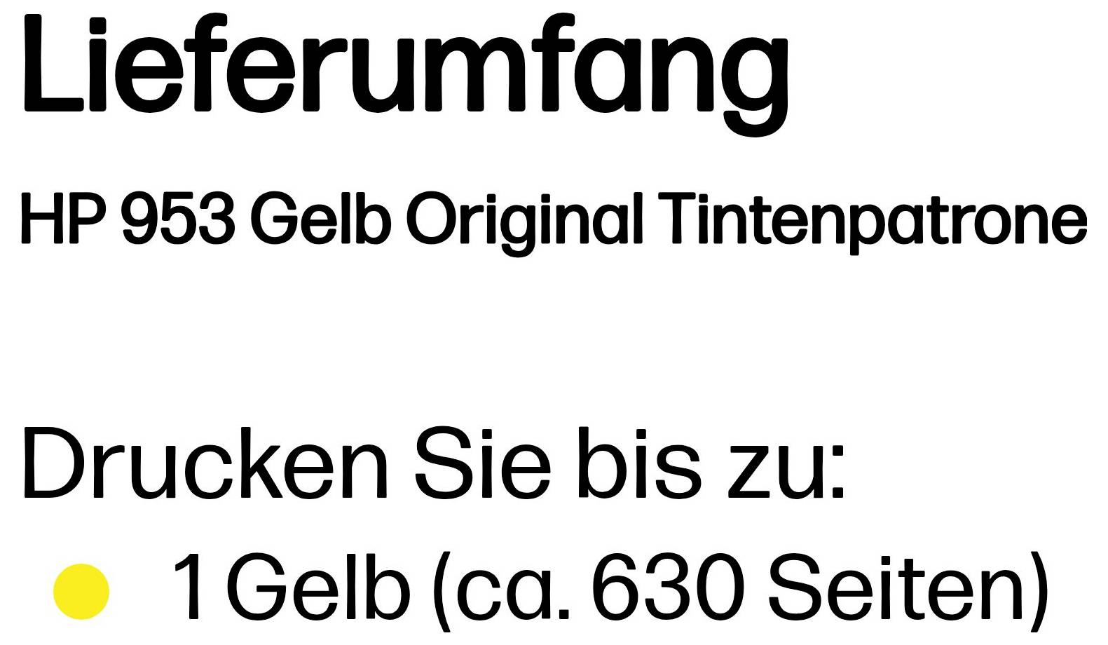 # LieferumfangHP 953 Gelbe Original-Tintenpatrone, Druckleistung bis zu 1 gelbe Patrone etwa 630 Seiten.