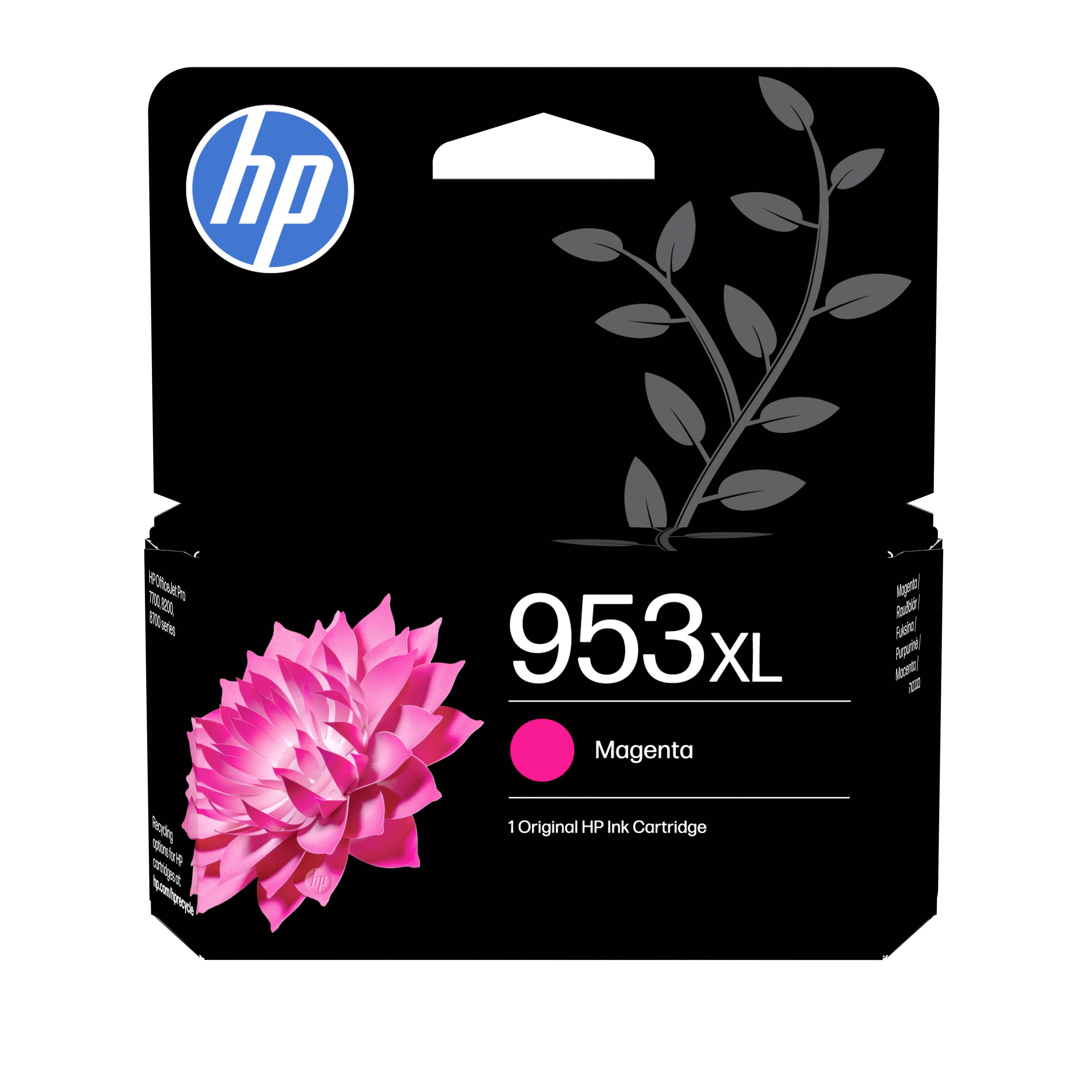 HP 953XL Magenta-Tintenpatrone in einer Schachtel mit HP-Logo und rosa Blüten-Grafik auf schwarzer Verpackung.