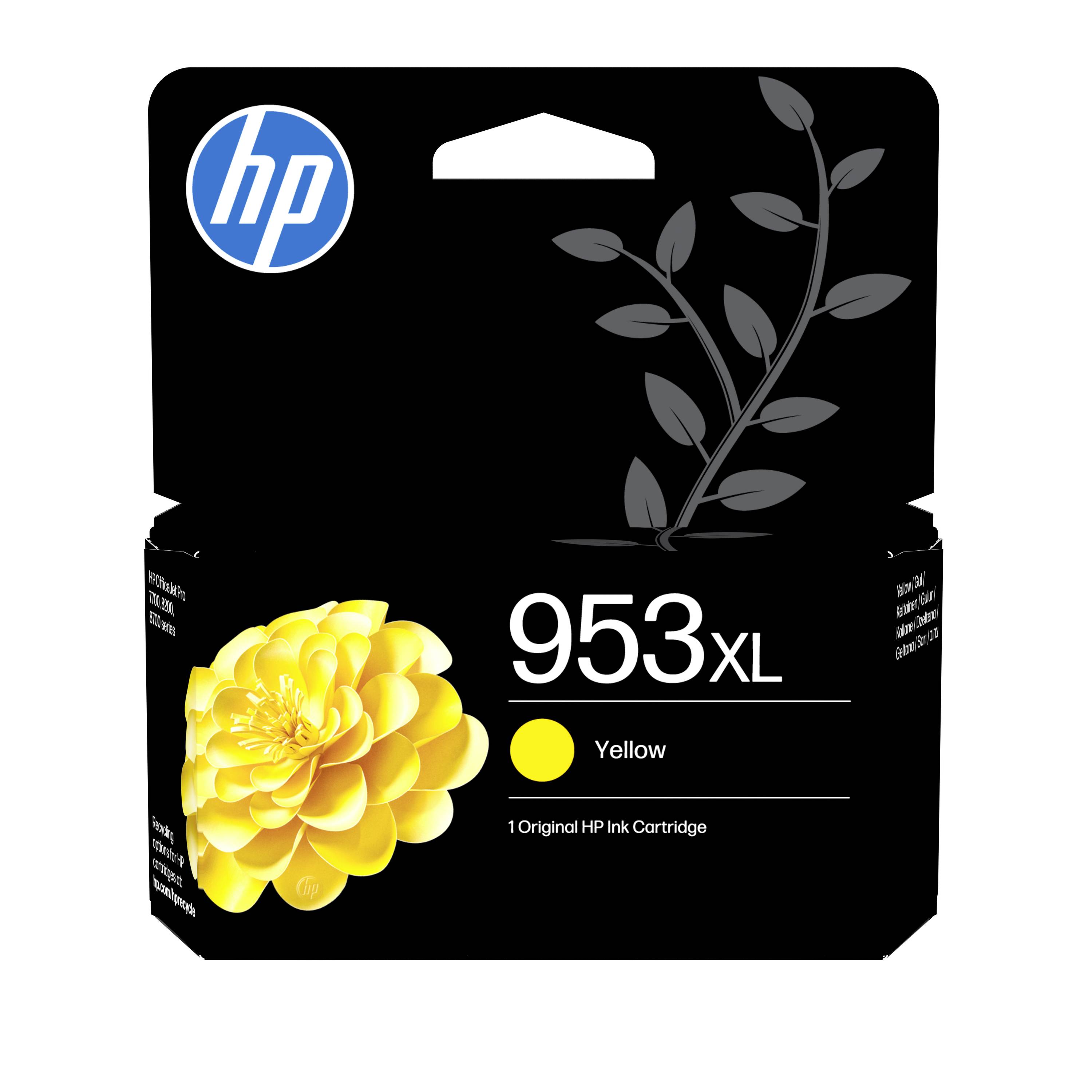 Verpackung einer HP 953XL Gelb-Tintenpatrone mit HP-Logo und Blumengrafik auf schwarzer Verpackung.