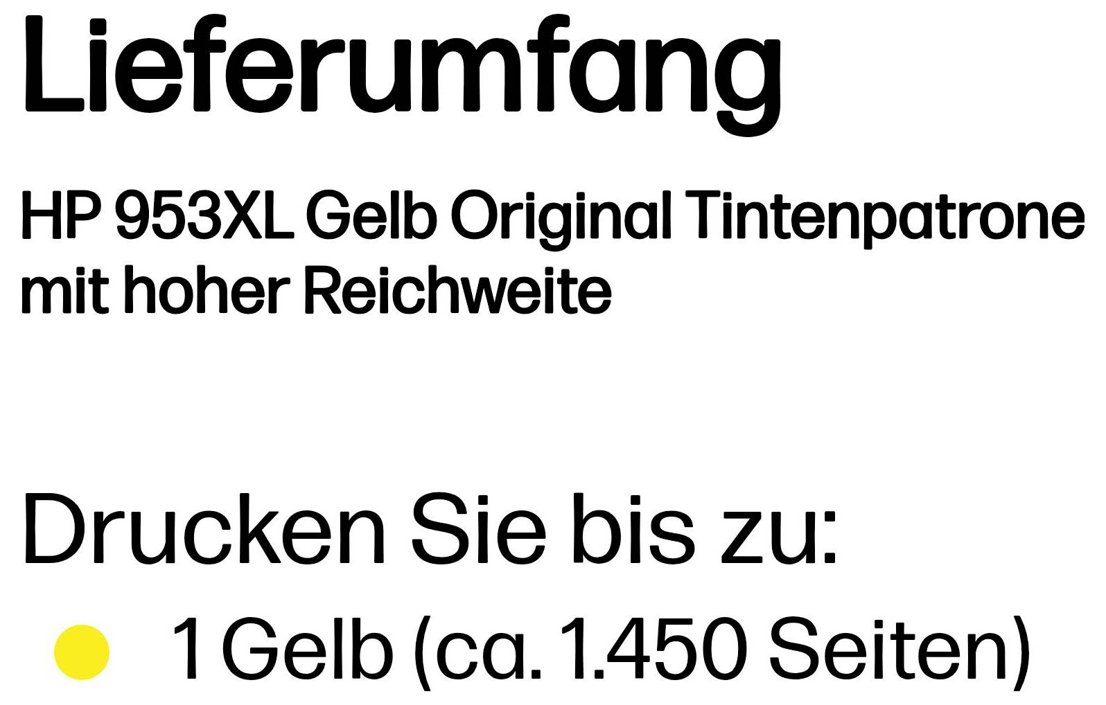 HP 953XL Gelbe Original-Tintenpatrone mit Druckleistung bis zu 1.450 Seiten.