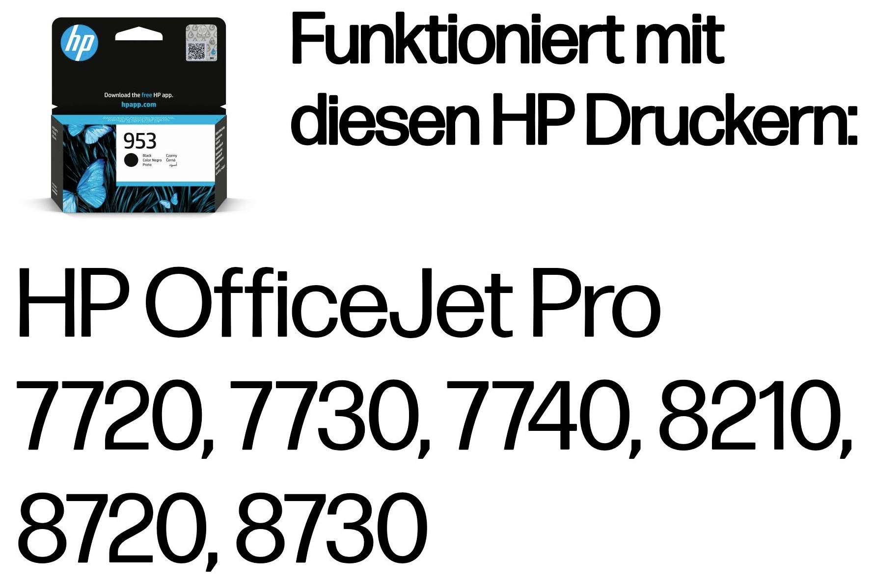 HP 953 Druckerpatrone Verpackung mit deutschem Text: „Funktioniert mit diesen HP Druckern: